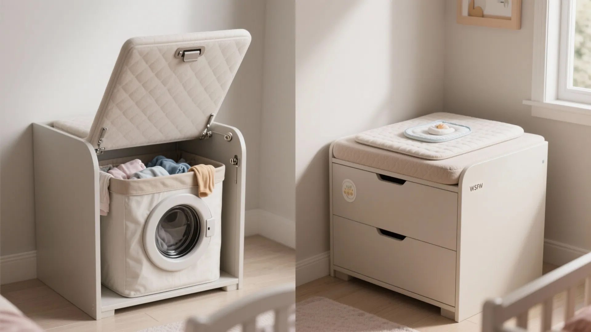 White cabinet with a lid opening to show a laundry bag and a closed version