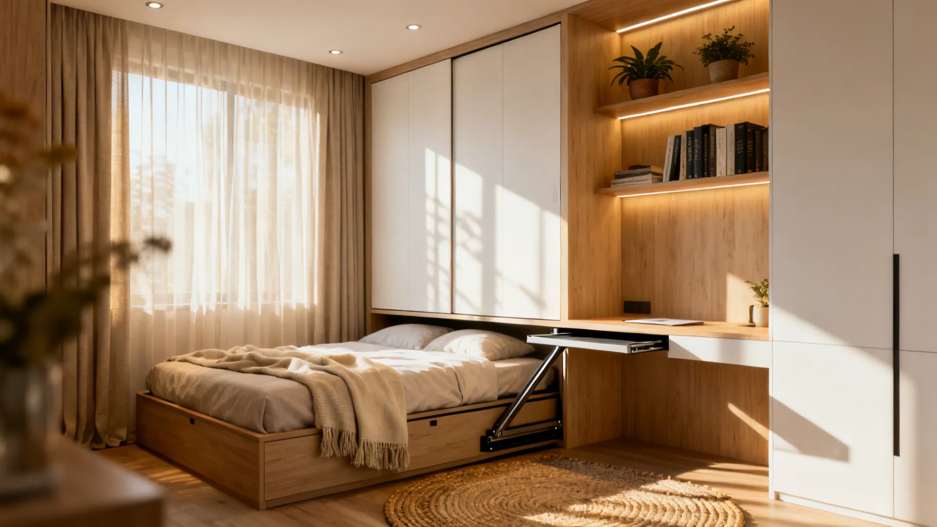 Modern bedroom with pull-out bed integrated wooden desk shelves and large white sliding closet doors