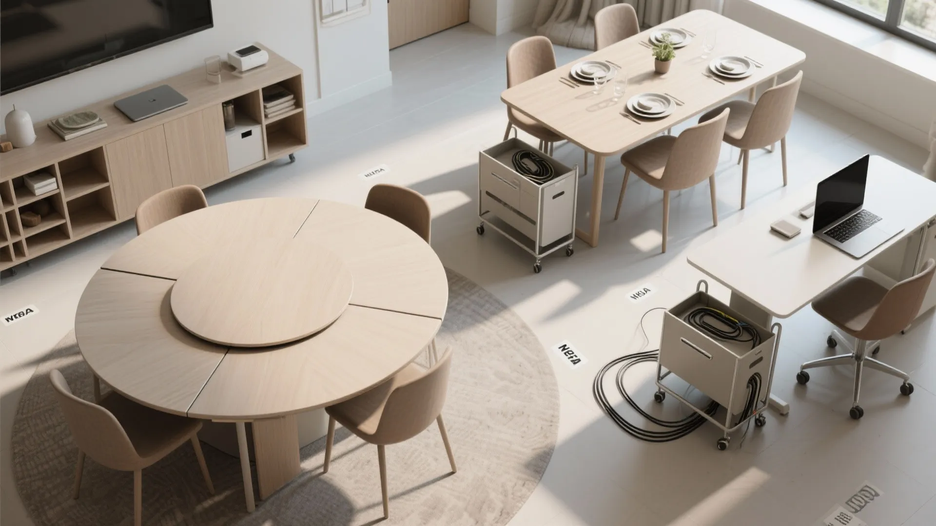 Top-down layout showing a round drop-leaf table configured as a daytime desk and an evening dining table with storage carts.