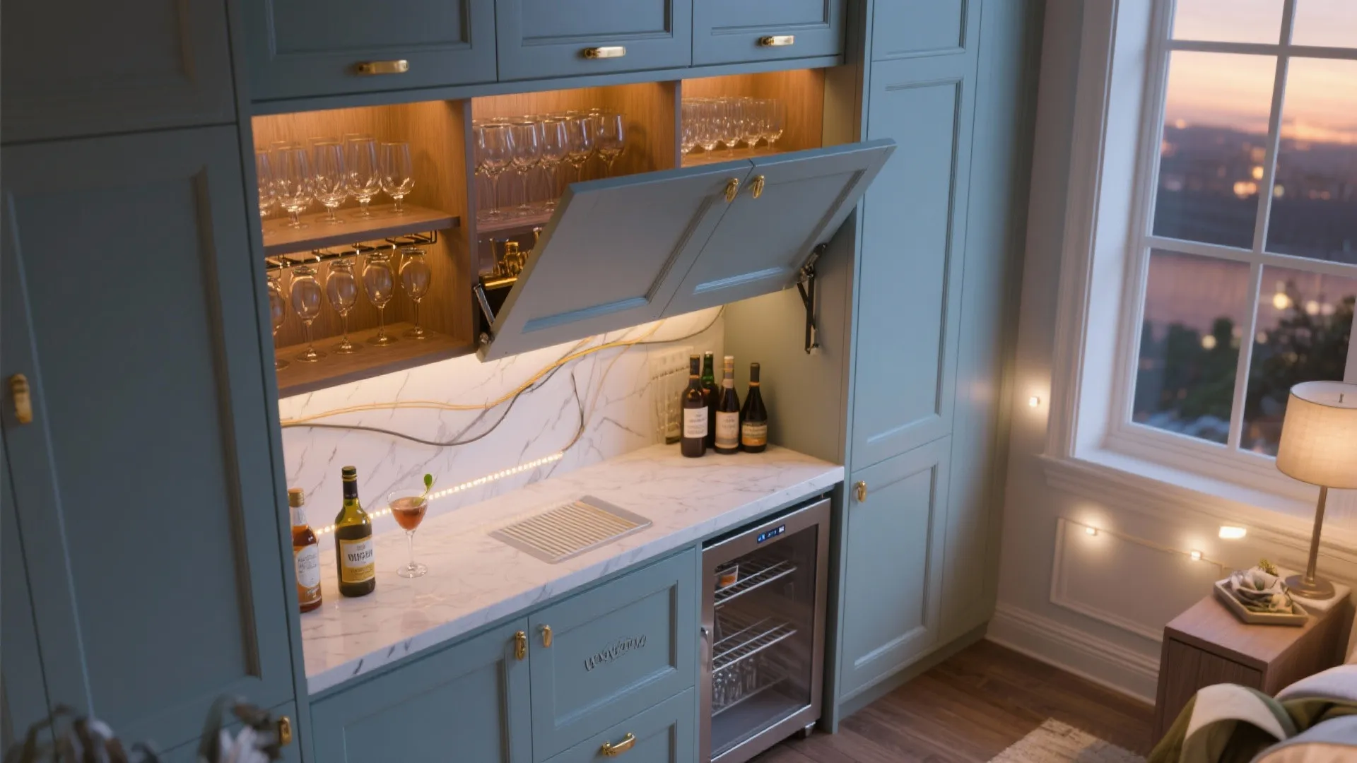 Green kitchen cabinet with marble counter top wine fridge and built in lights for glasses