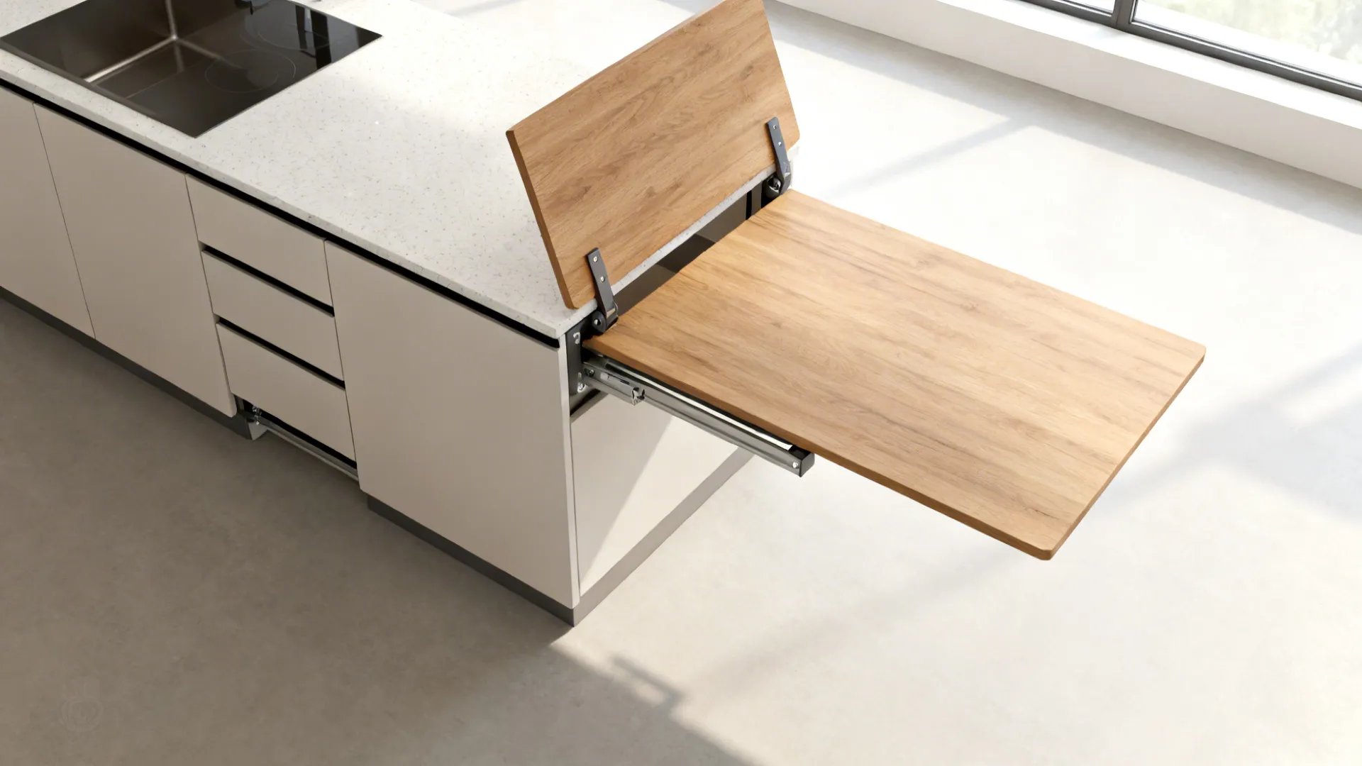 Top-down view of a small island with slide-out table and drop-leaf dining options.