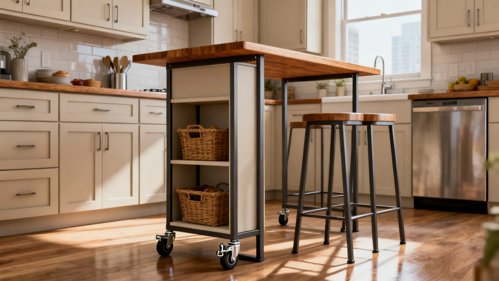 Kitchen island on wheels with wood top and storage baskets next to two metal stools