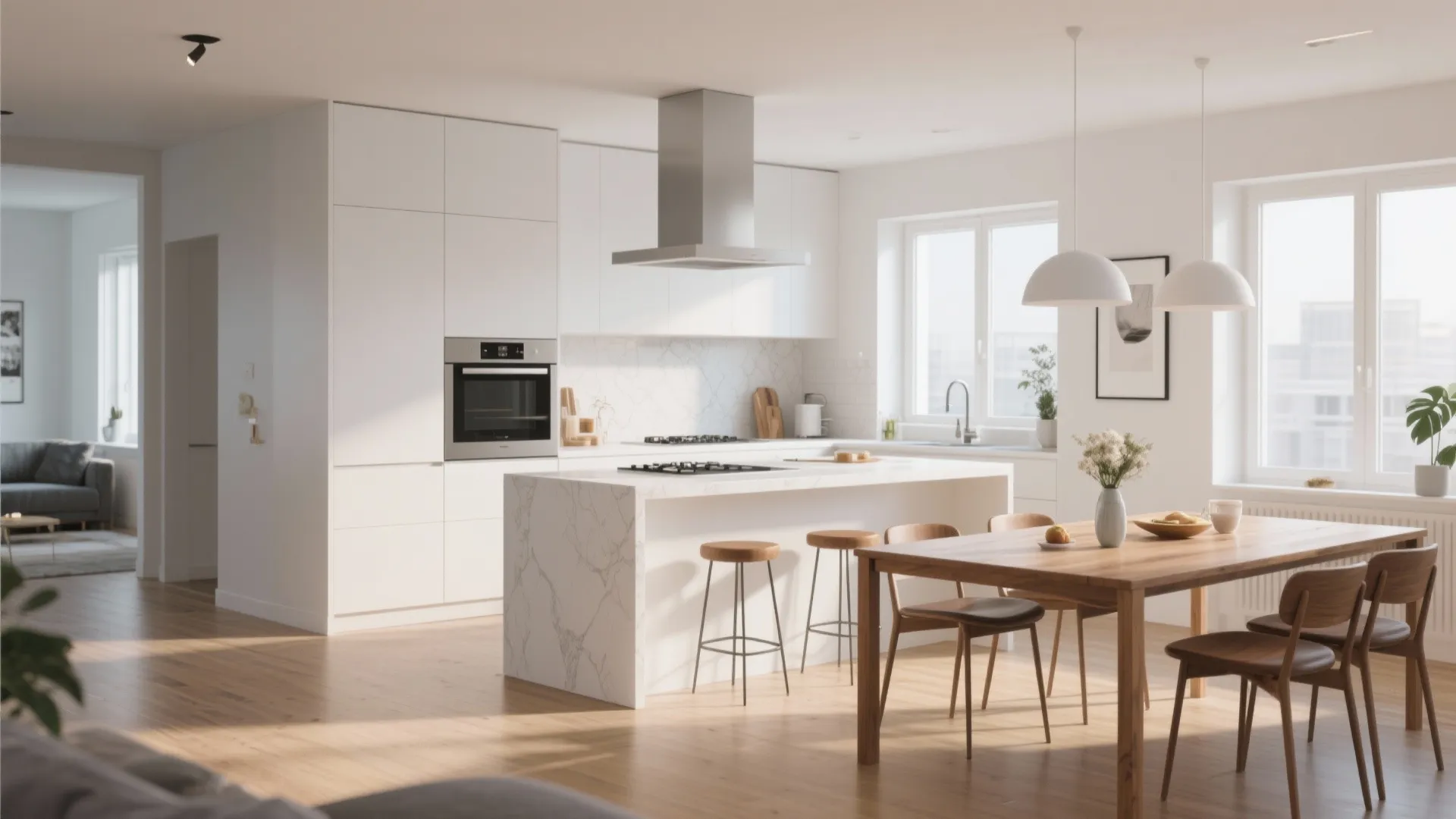 Open plan white kitchen with marble island stools and wooden dining table set with chairs