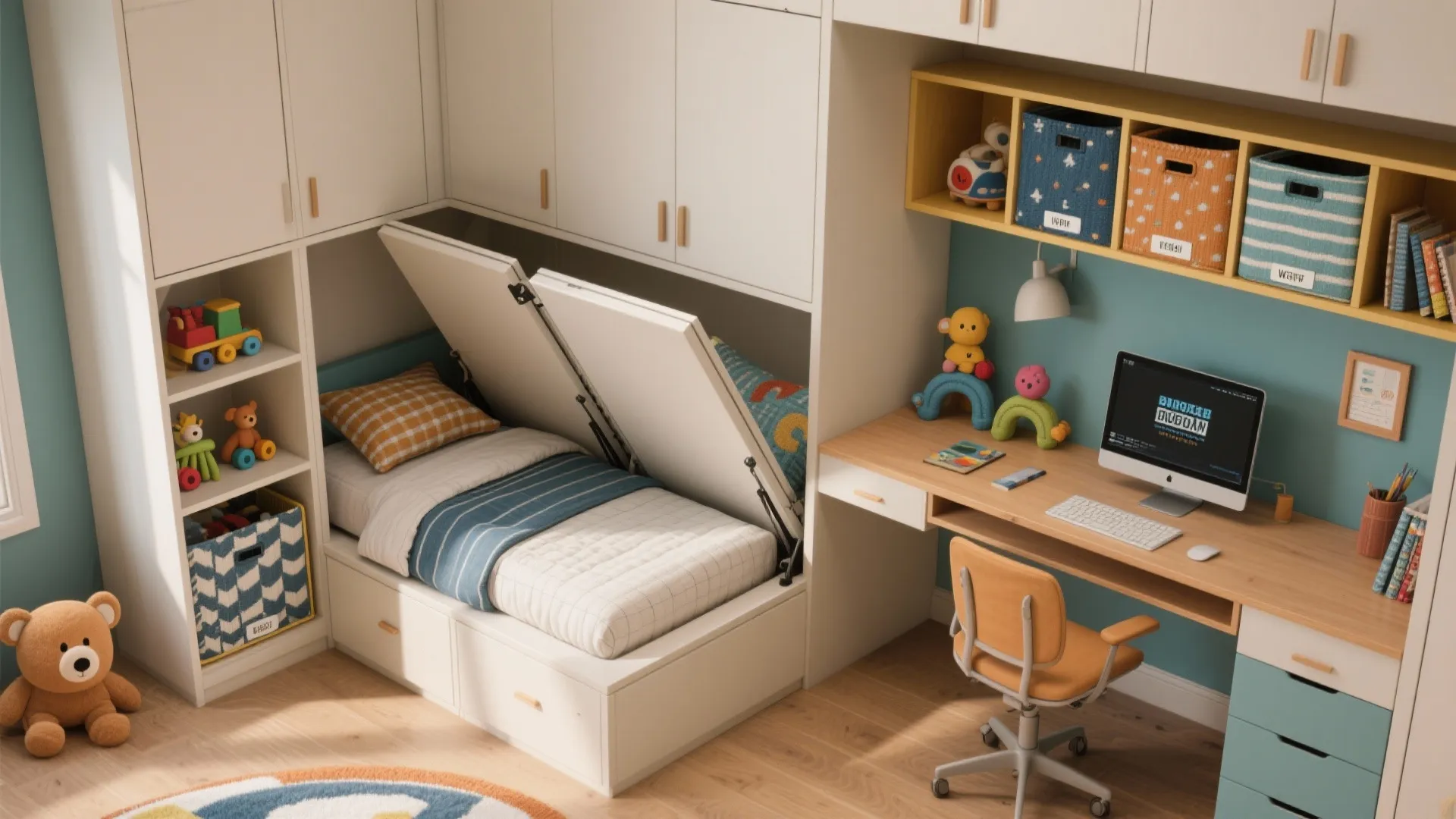 Convertible kid nook with fold-away bed, integrated storage and compact desk for a resort suite