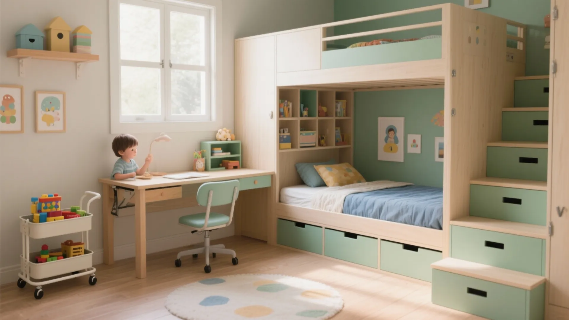 Convertible play-to-sleep layout with mobile pieces