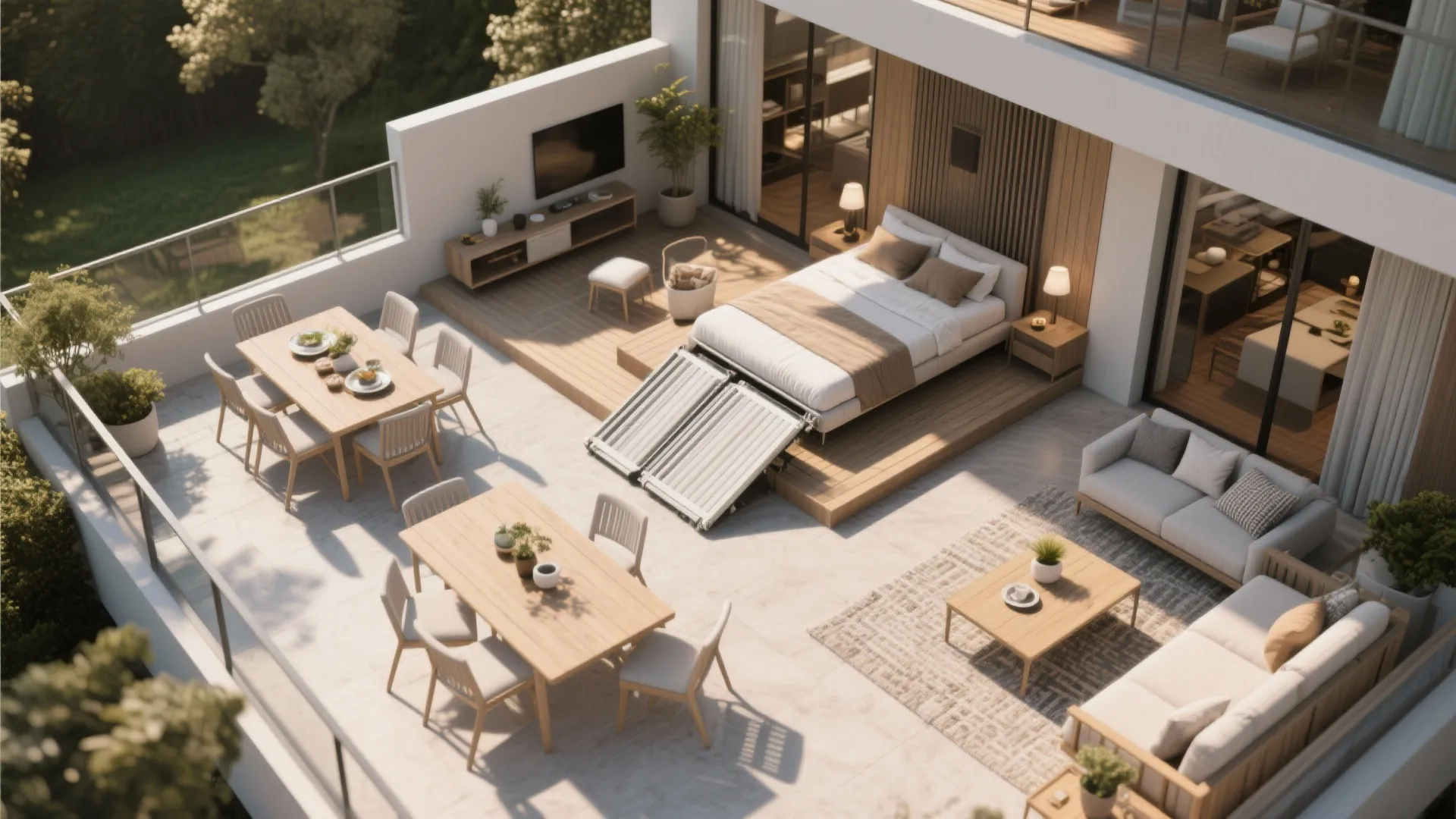 Large outdoor terrace featuring a bed, two dining tables, a sofa set, and green trees