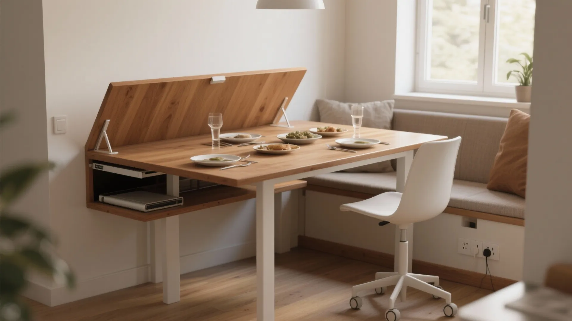 Convertible leaf dining table showing a hidden slim desk nook and rolling chair in a compact space.
