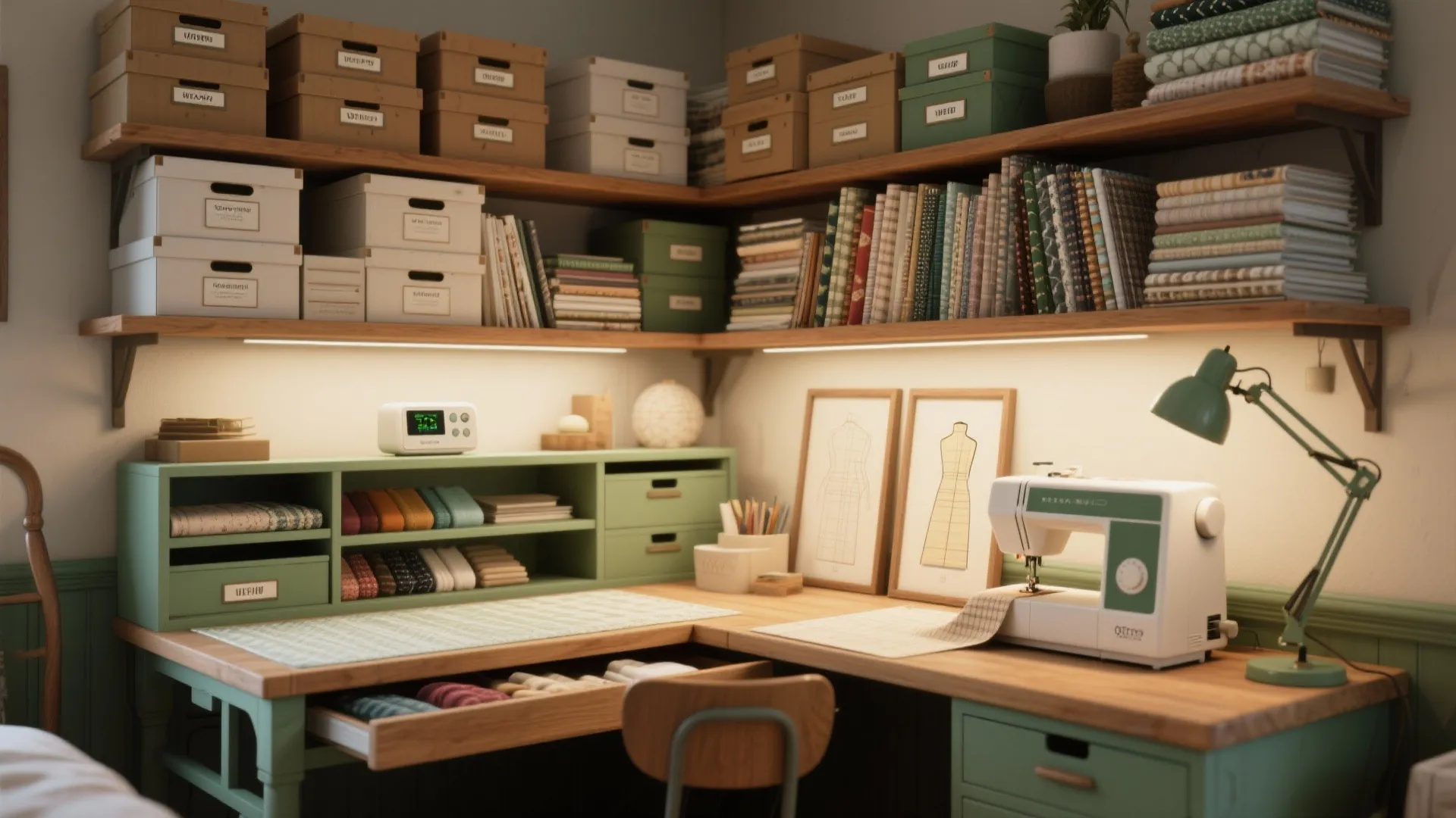 Green craft room corner with a sewing machine desk wooden shelves storage boxes and lamp