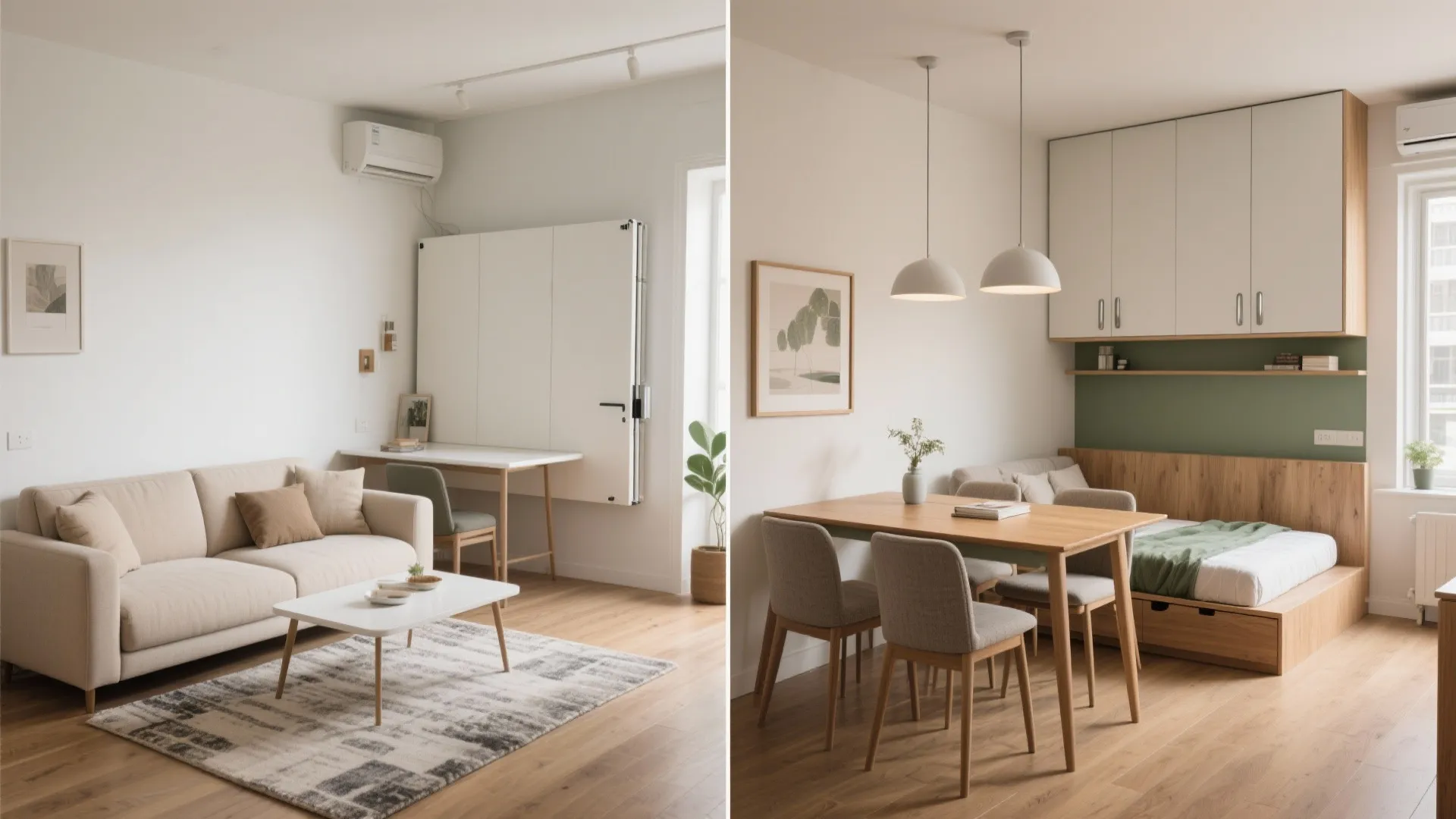 4) A convertible living-dining: fold-down table + sofa bed