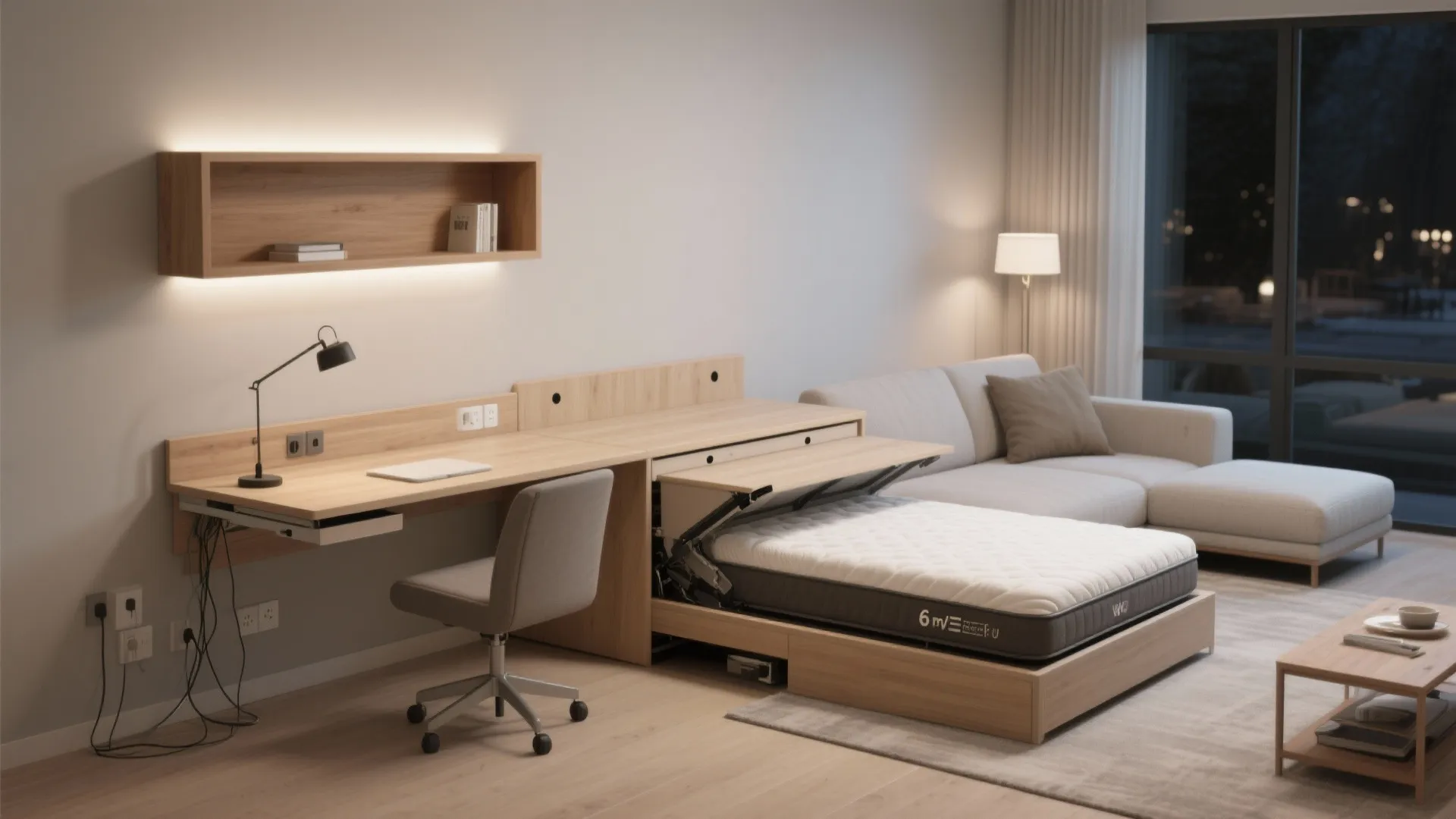Convertible living room with fold-down desk and a modern sofa-bed partially extended.