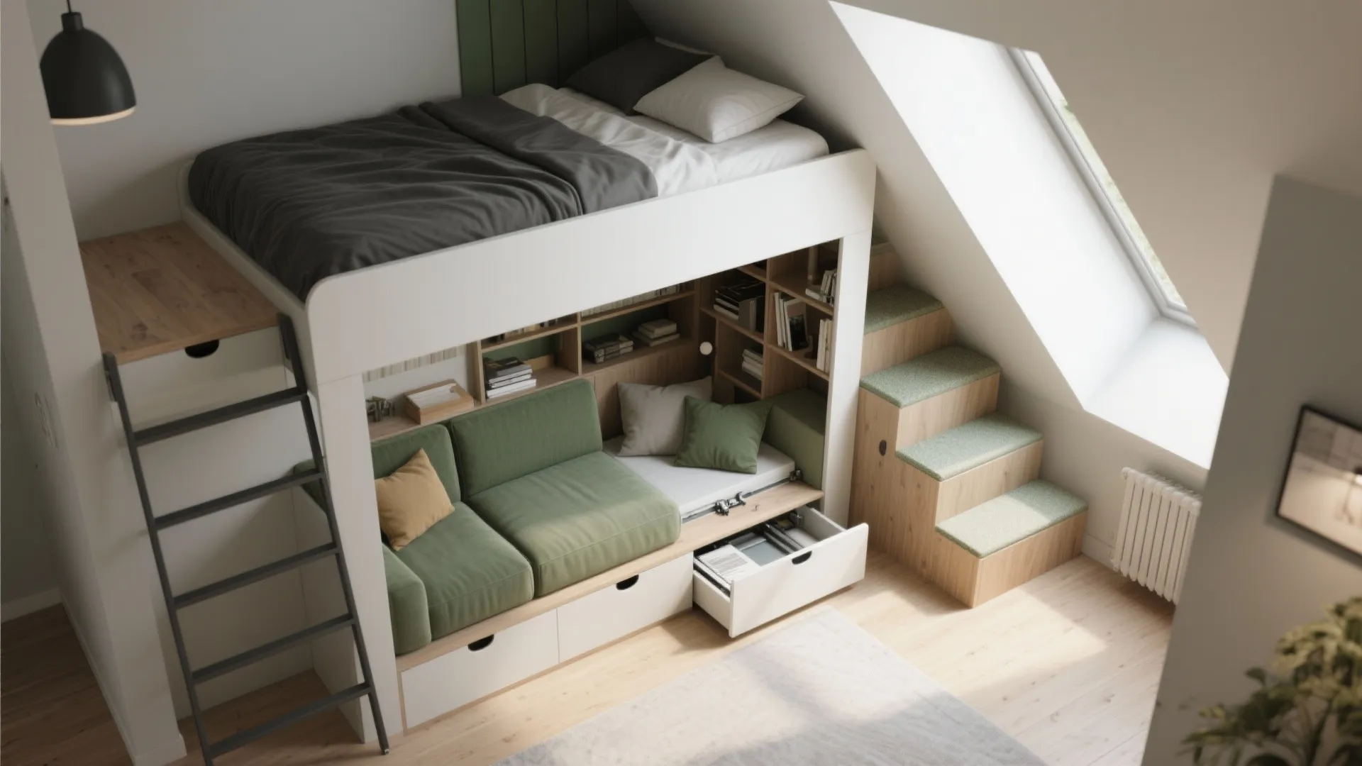 3. Convertible loft that swaps from bed to seating