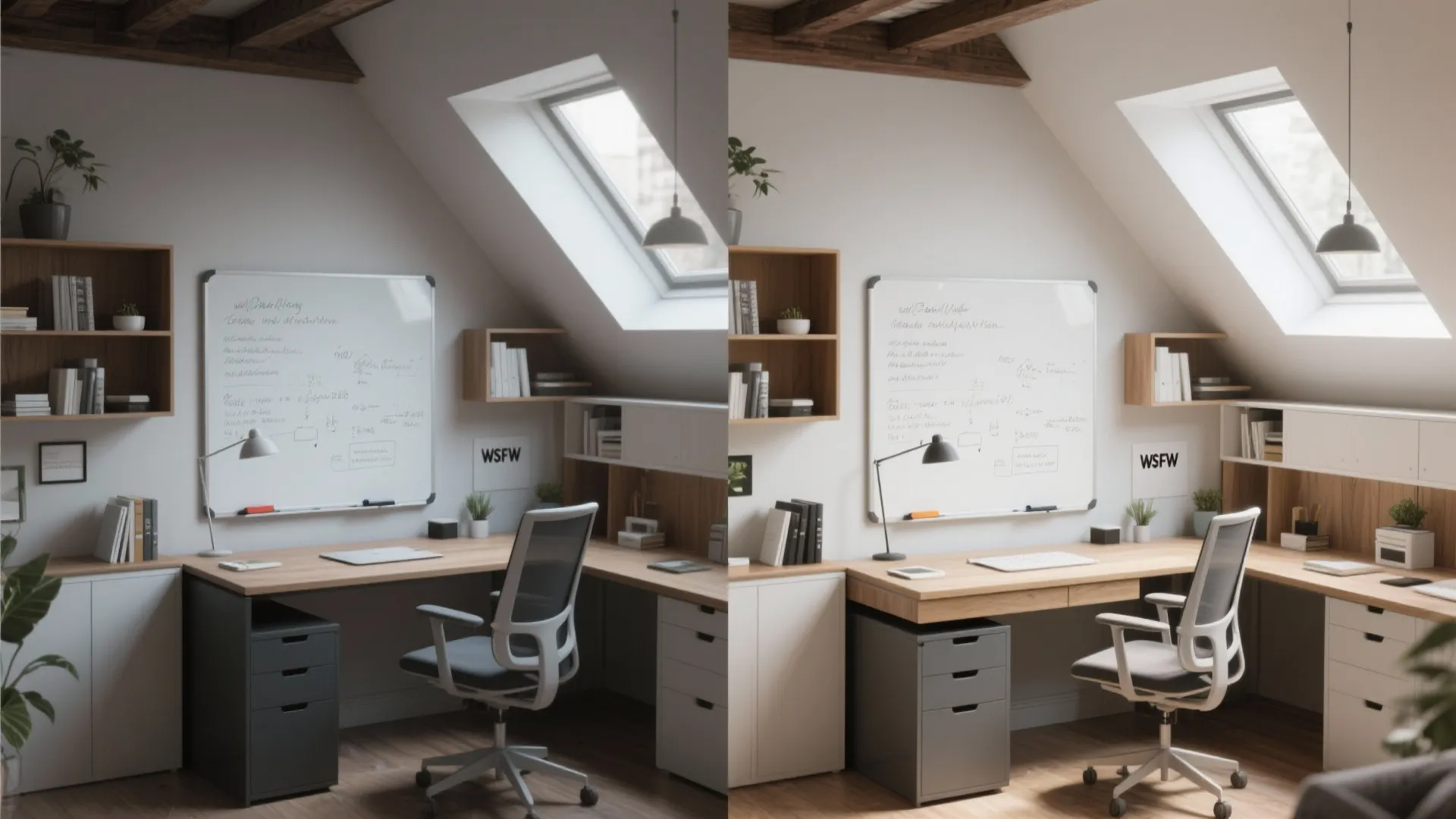 Two similar home office setups with wooden desks and whiteboards under a slanted roof window