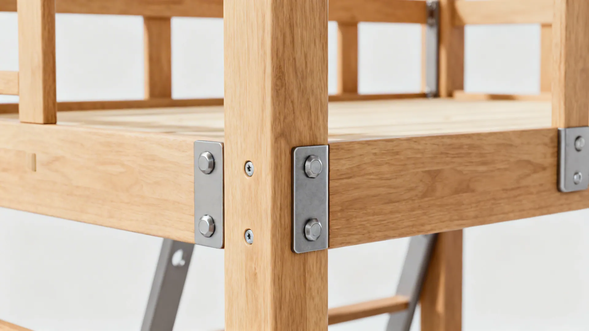 Close up of a wooden loft bed frame showing metal brackets and screws for support