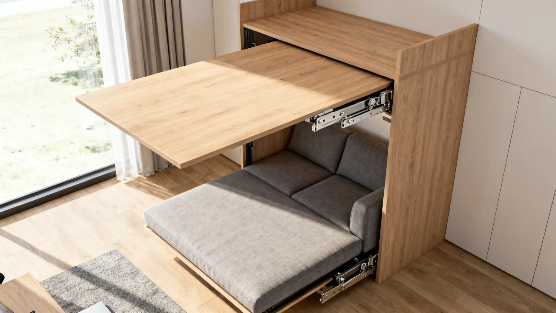 Convertible loft with fold-down desk and sofa shown in an open layout.