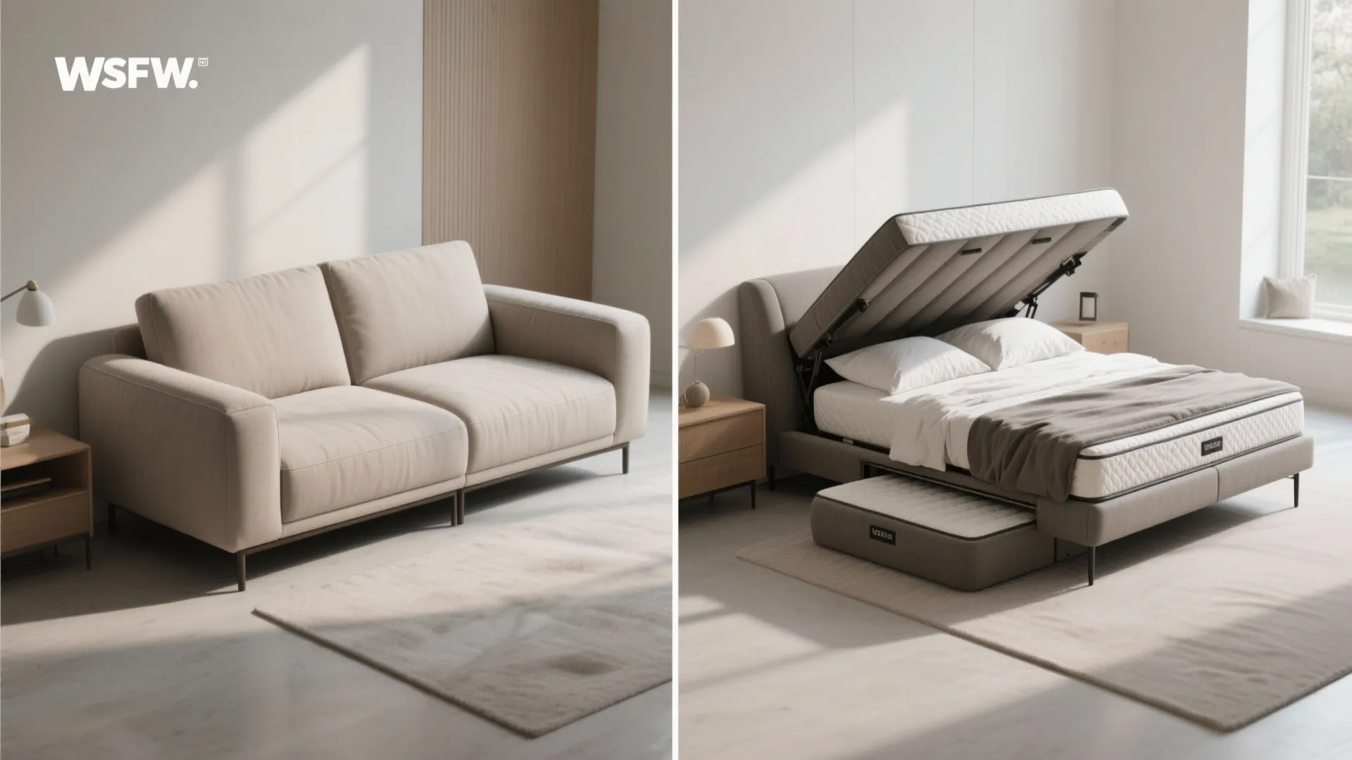 Minimalist beige sofa shown next to the same piece opened into a comfortable storage bed