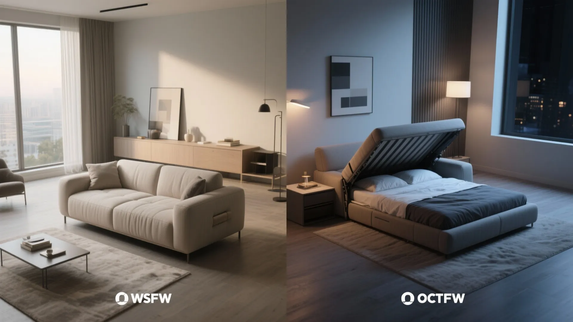 Side by side comparison of beige sofa in living room and converted into storage bed