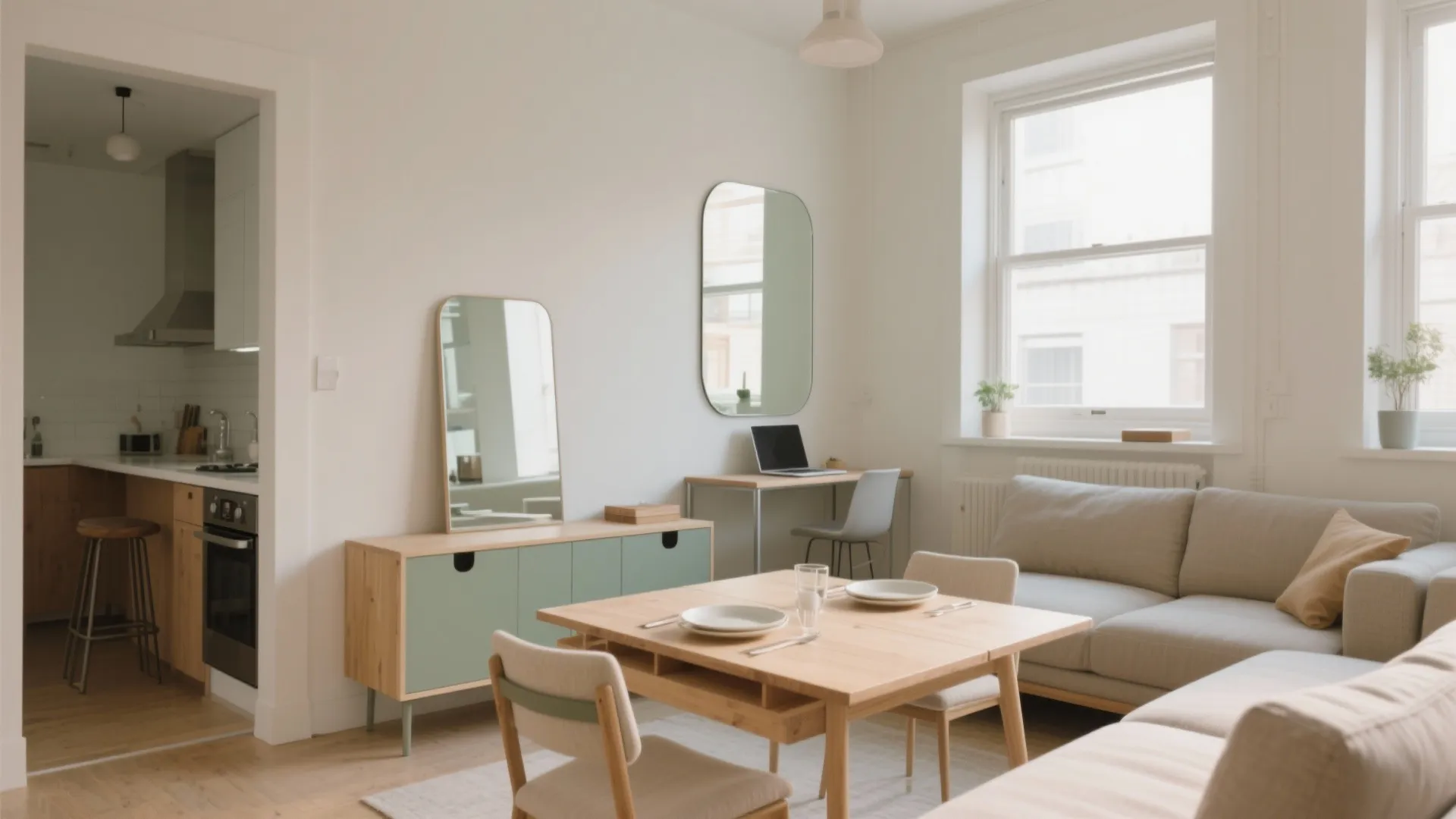 Drop-leaf table set for two and a console desk behind the sofa, mirror opposite a window, stools tucked under a counter.