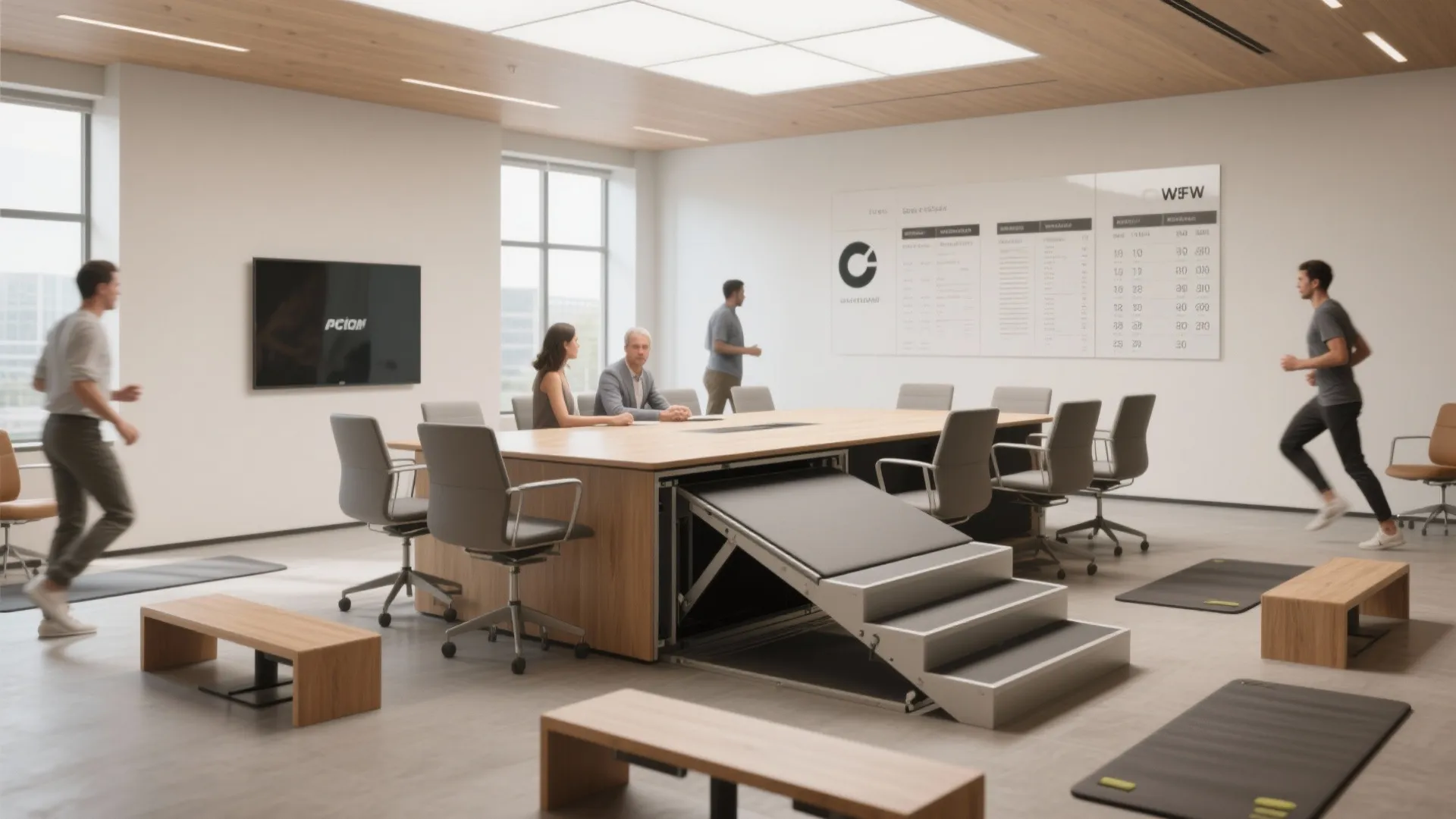 2. Convertible Meeting-Gym: dual-purpose furniture saves square footage