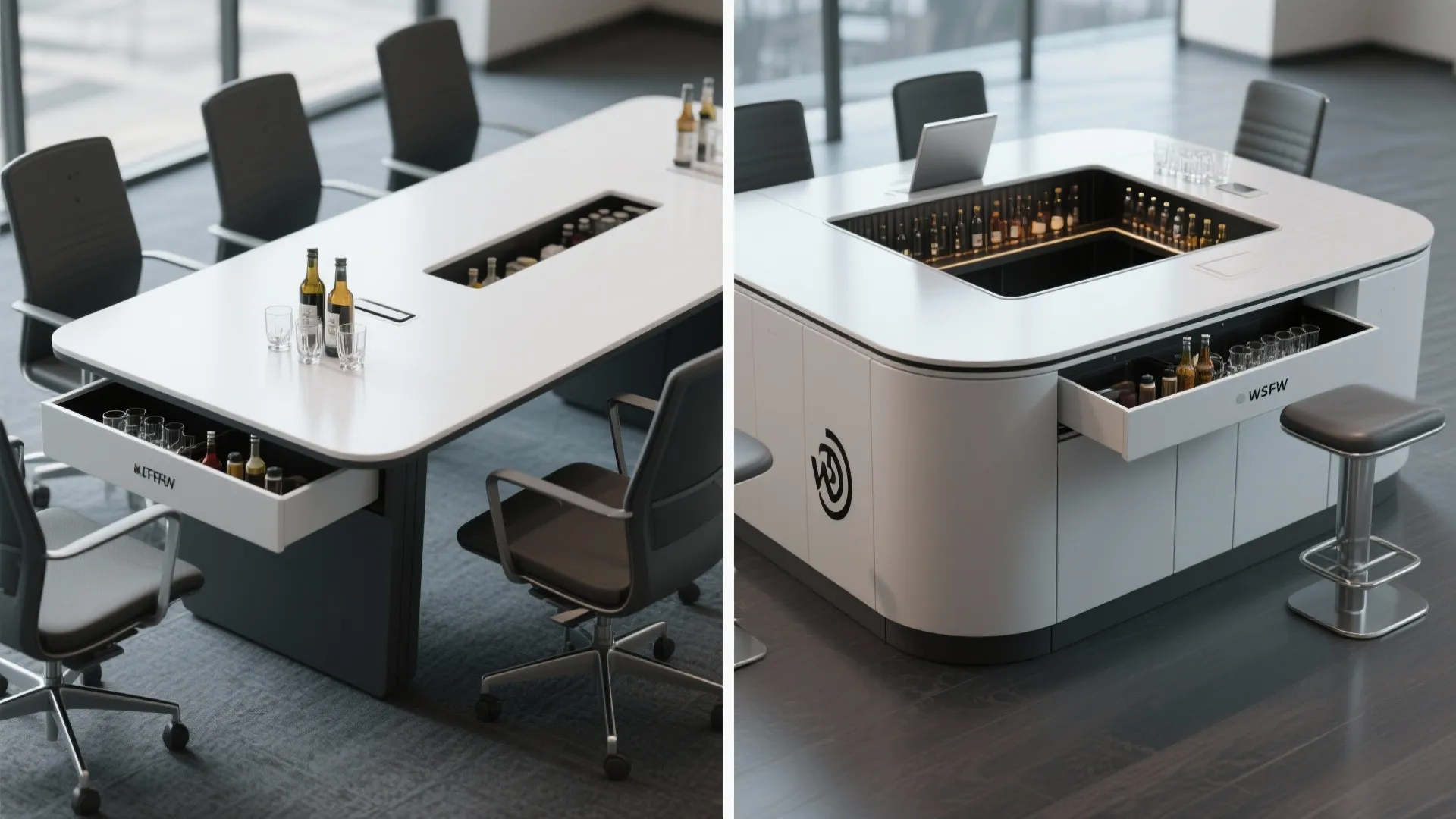 Modern white meeting table with built-in storage for wine bottles and glasses in office setting
