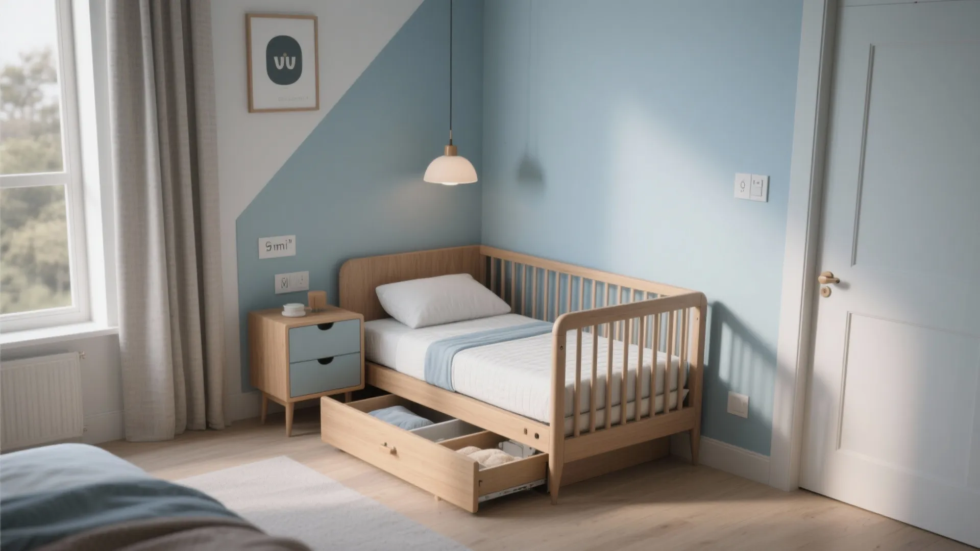 Wooden child bed with open drawer in blue room with side table and hanging light fixture