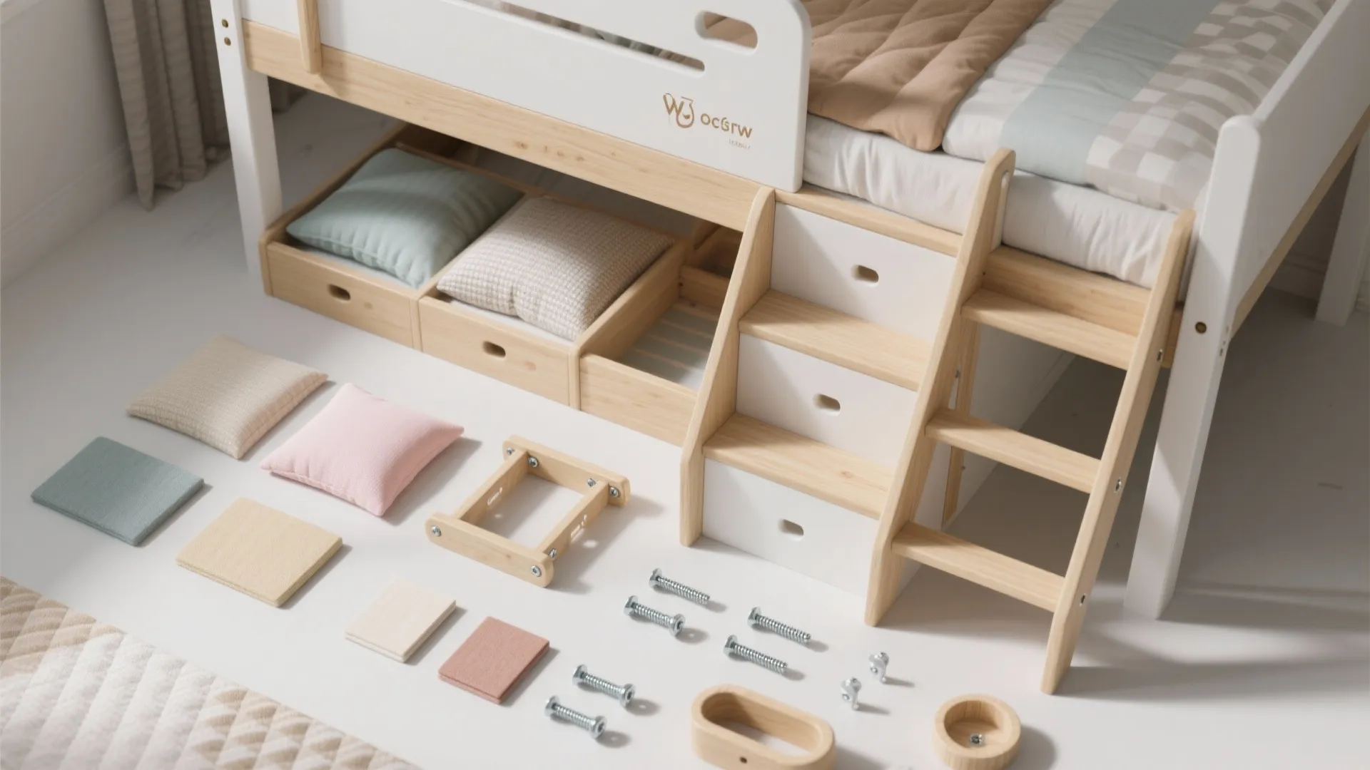 Wooden bunk bed frame parts with screws and pillows laid out on a white bedroom floor