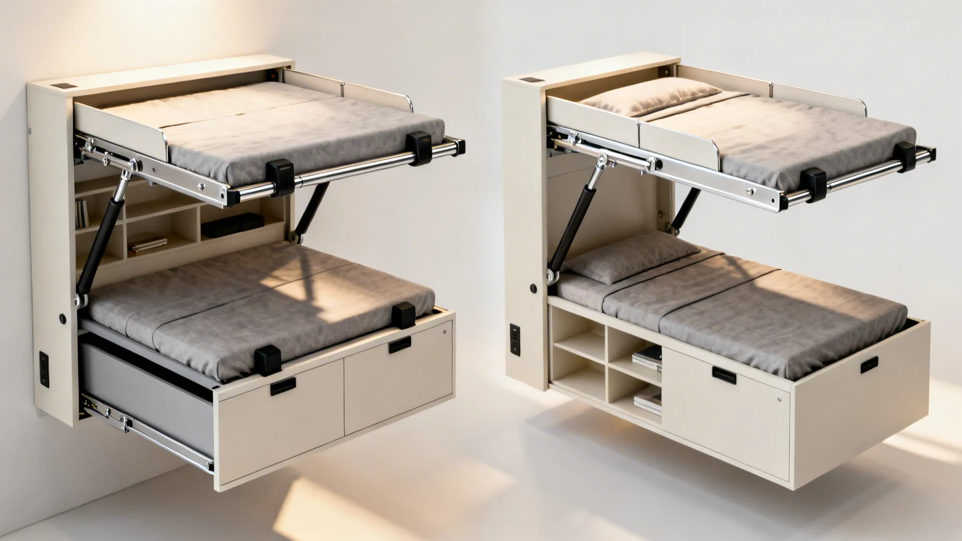 Convertible Murphy-style bunk bed shown folded into the wall and deployed