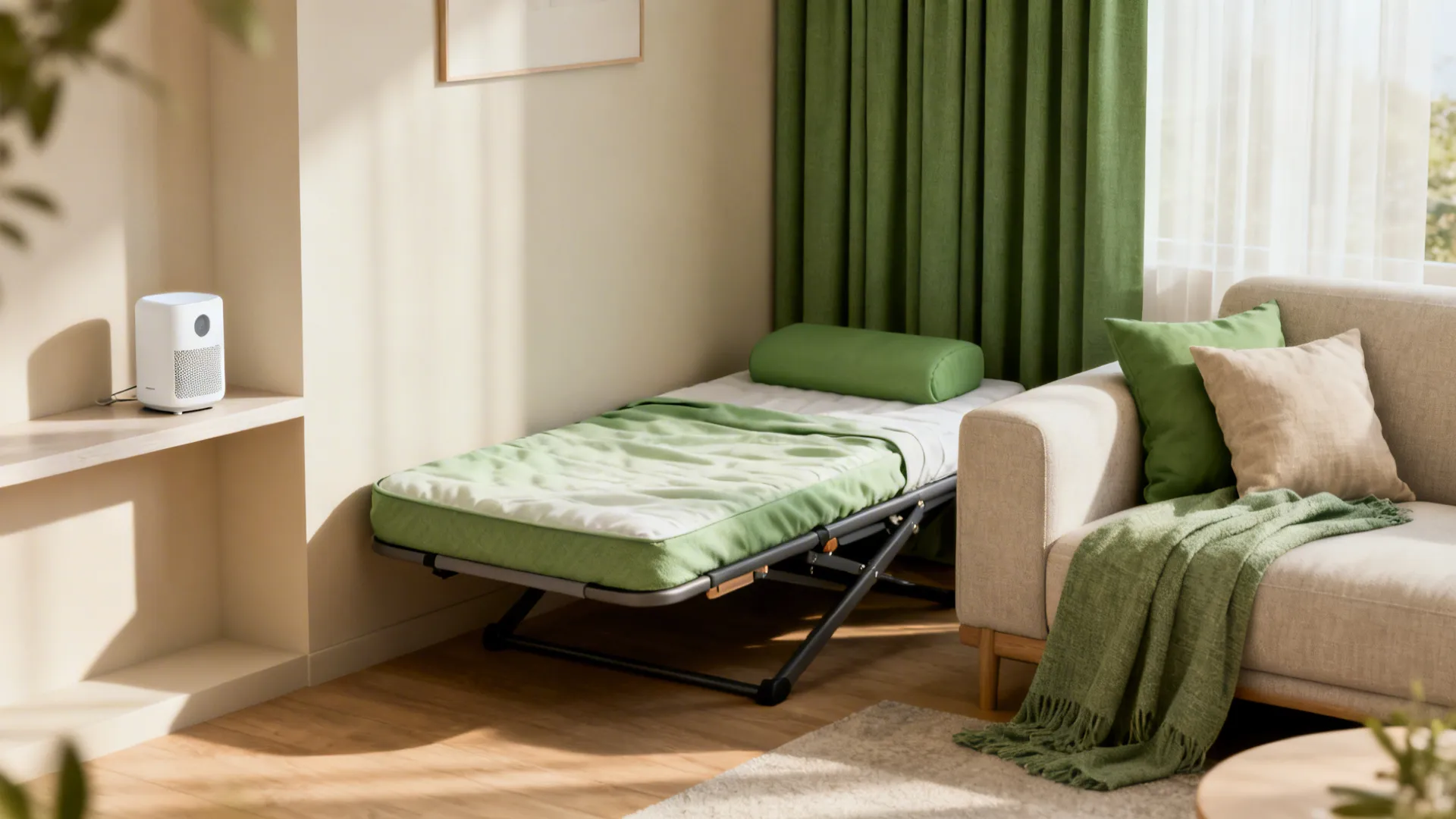 Fold-out mattress nap corner with blackout curtain and white noise machine visible from living room seating.