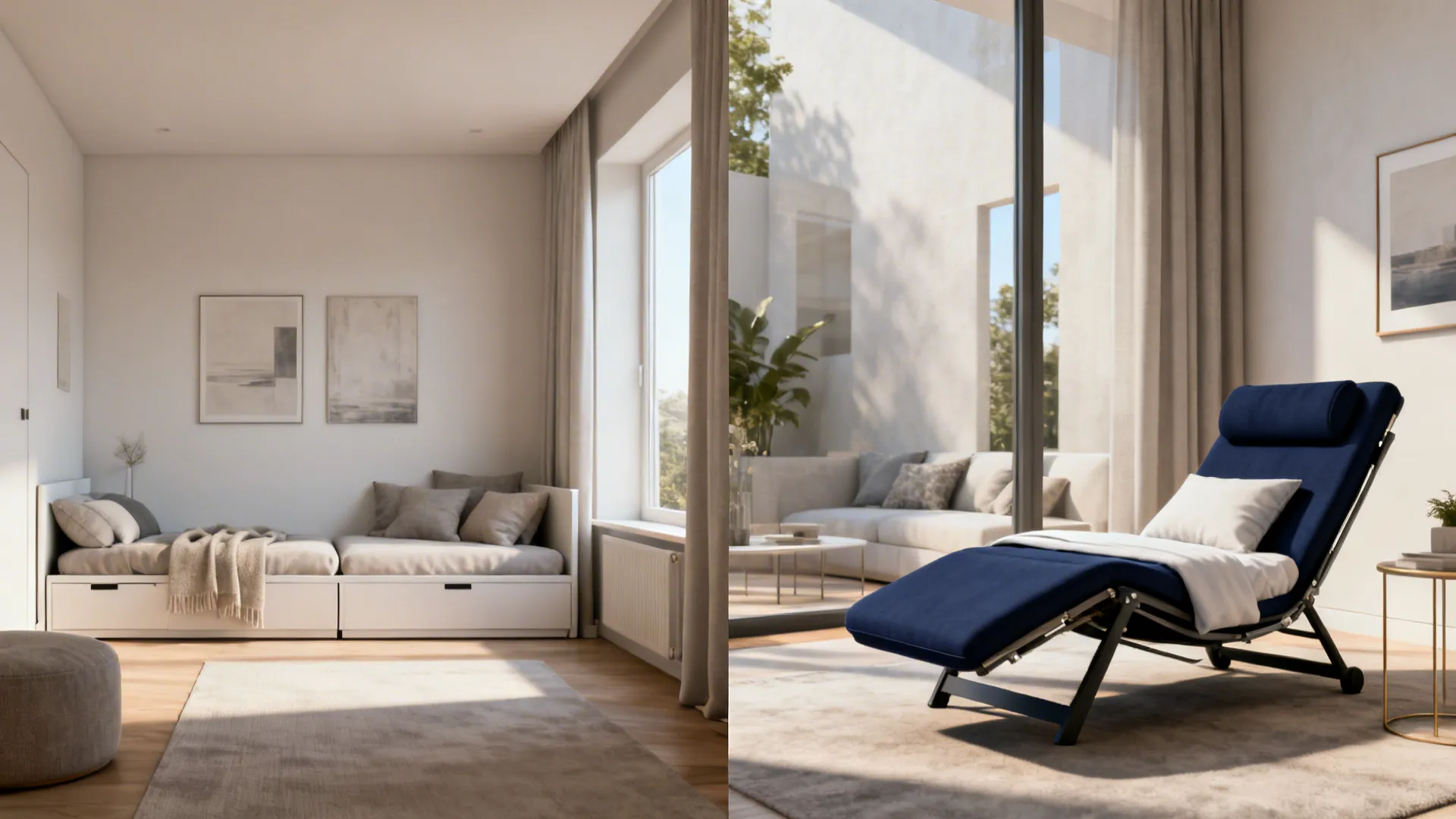 Before and after of a tiny studio showing a convertible navy chair turned into a lounger