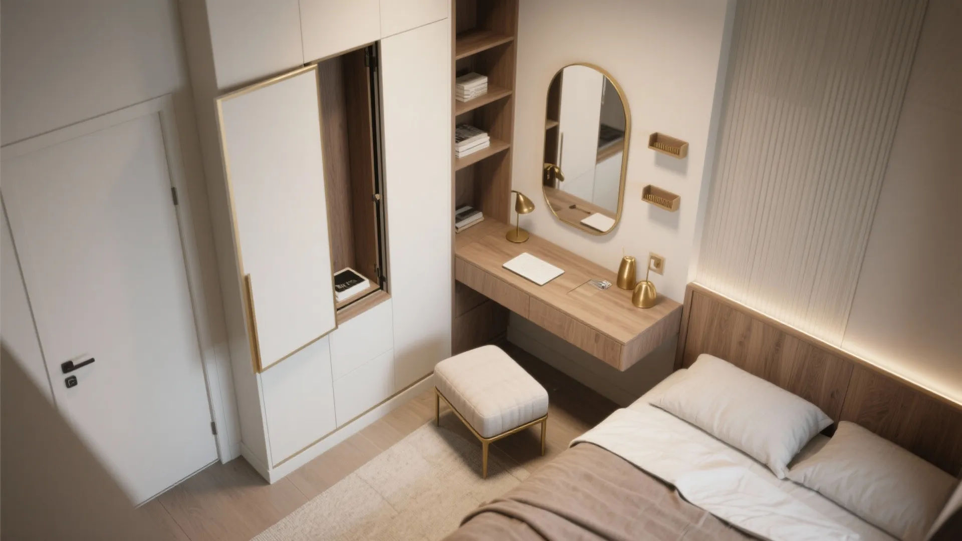 Top-down view of a convertible nook with fold-down desk, ottoman and mirrored vanity in a small room.
