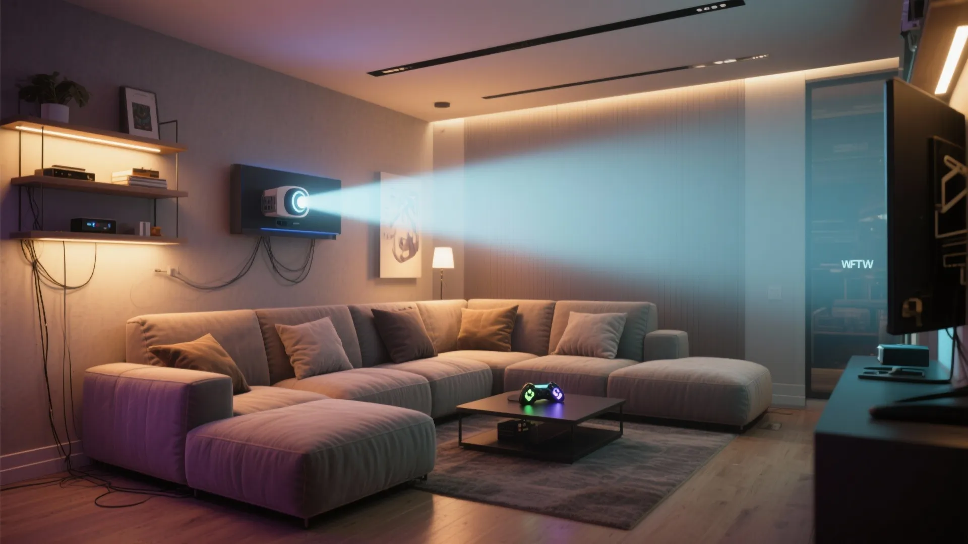 Convertible low-profile sectional arranged for couch co-op gaming with projector and wall-mounted monitor in a compact nook.