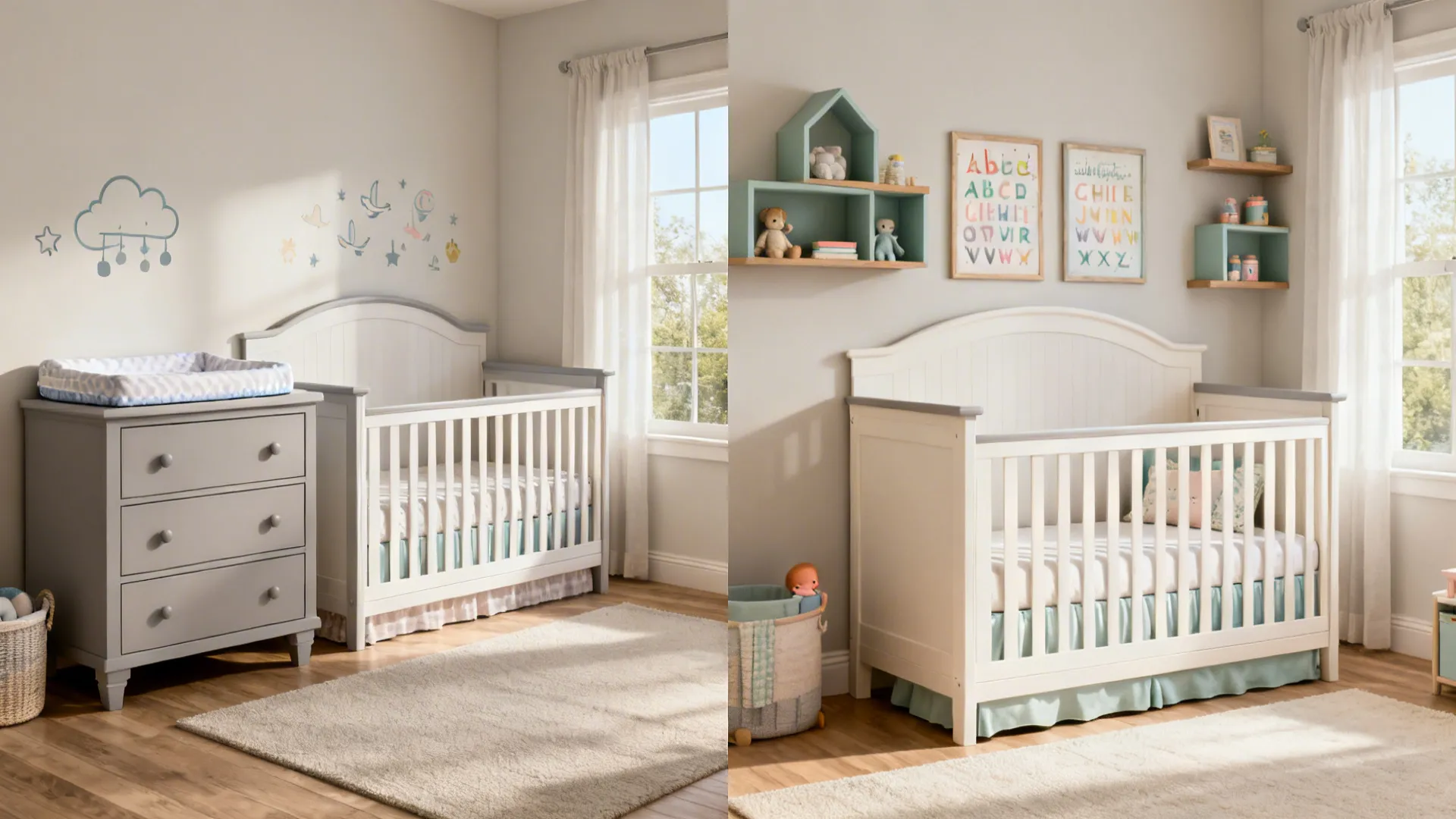 Before-and-after nursery showing convertible crib and evolving wall decor from newborn to toddler.