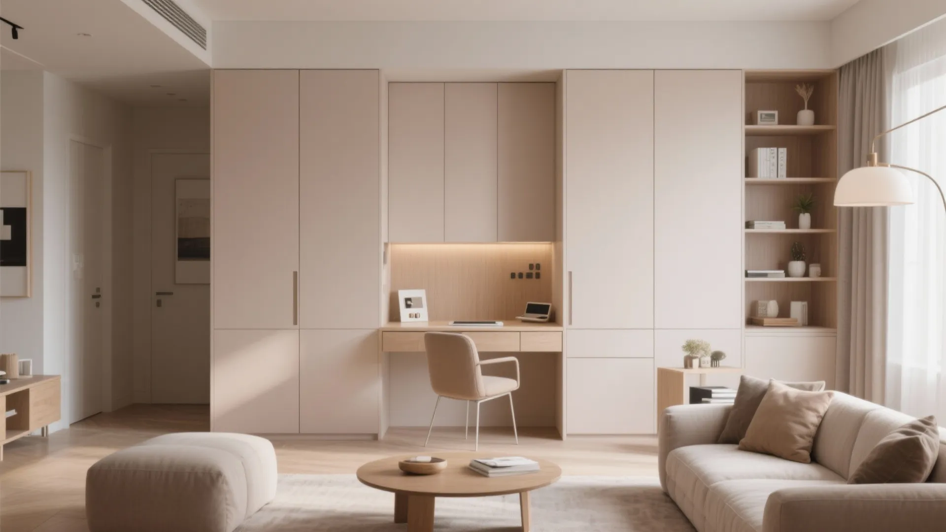 Living room corner with fold-out desk for home office use