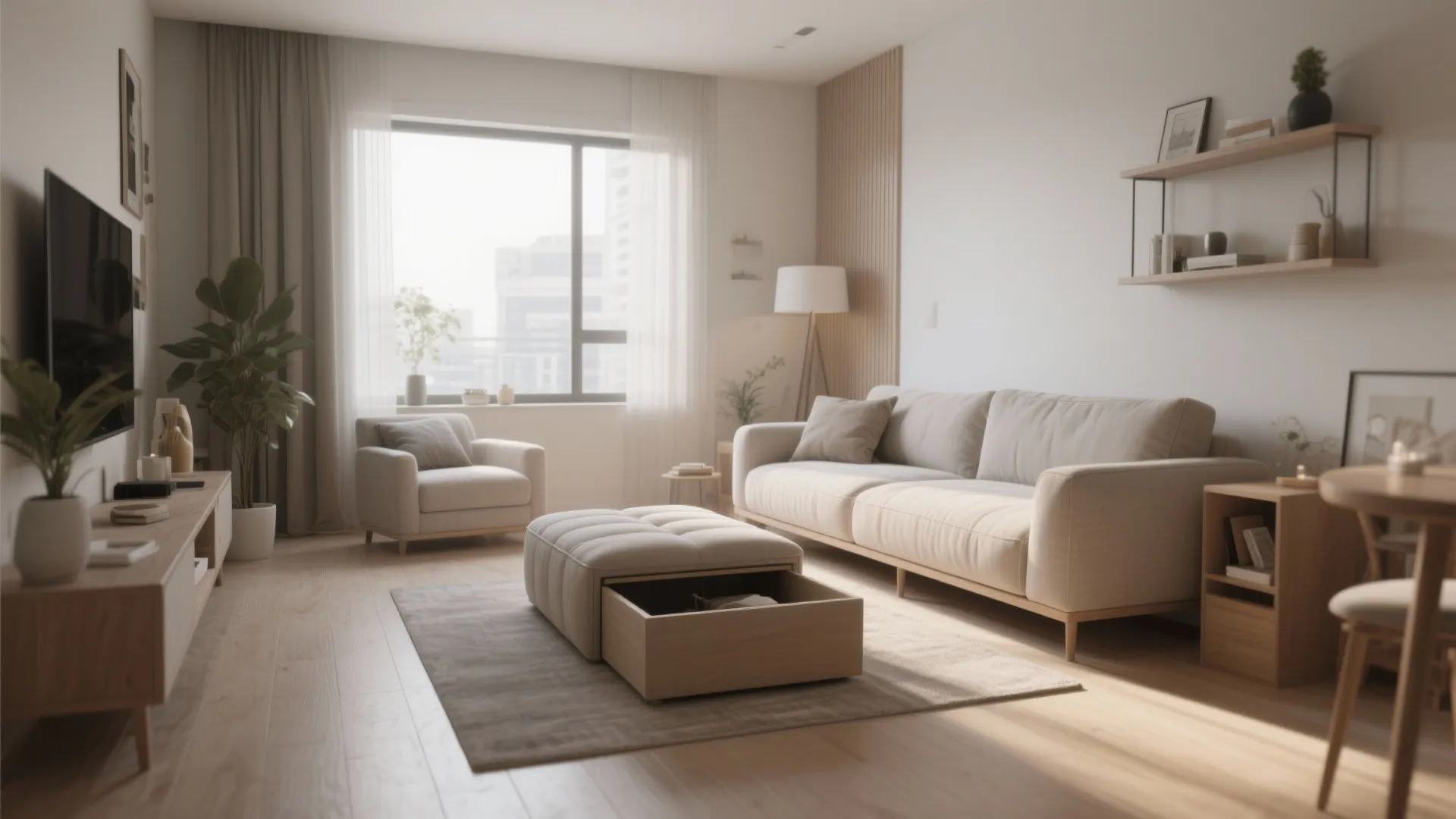 Modern bright living room with cream sofa footrest with storage wooden floors and natural light