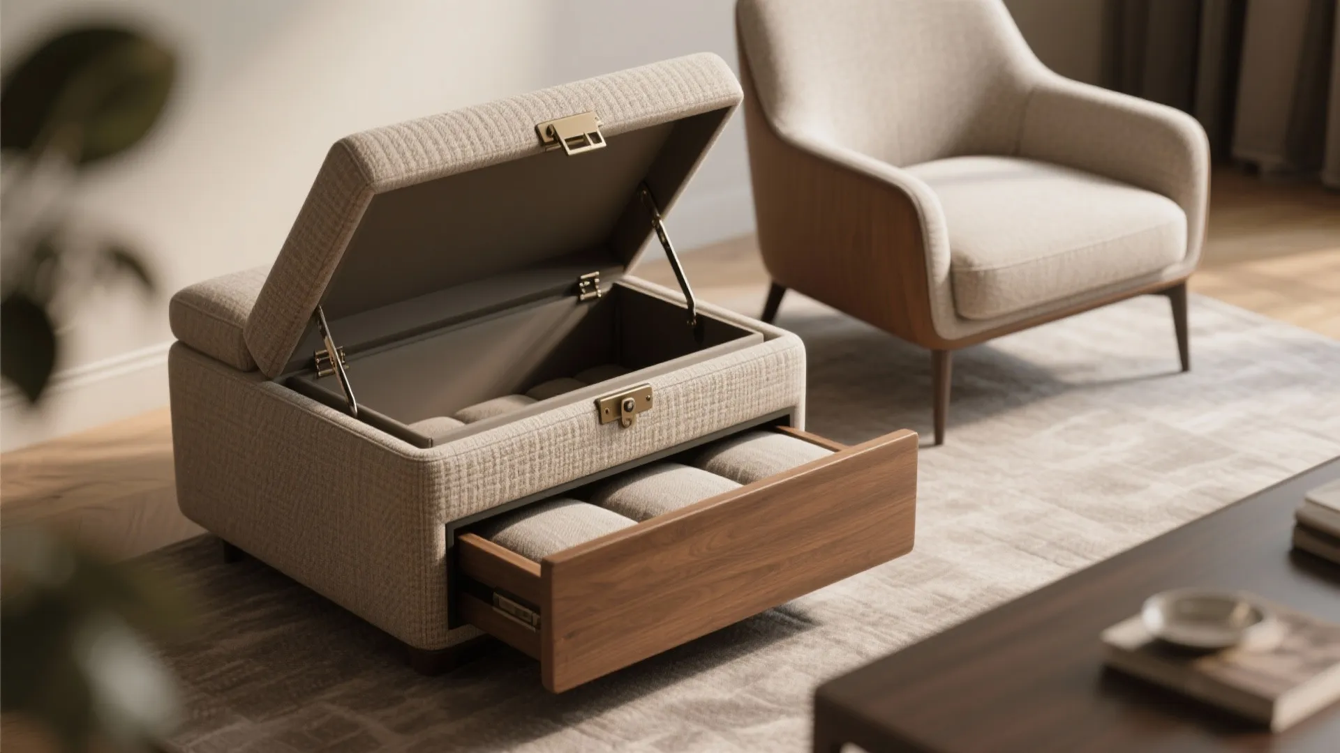 Convertible ottoman opened to reveal storage, shown next to a small armchair with built-in side table.