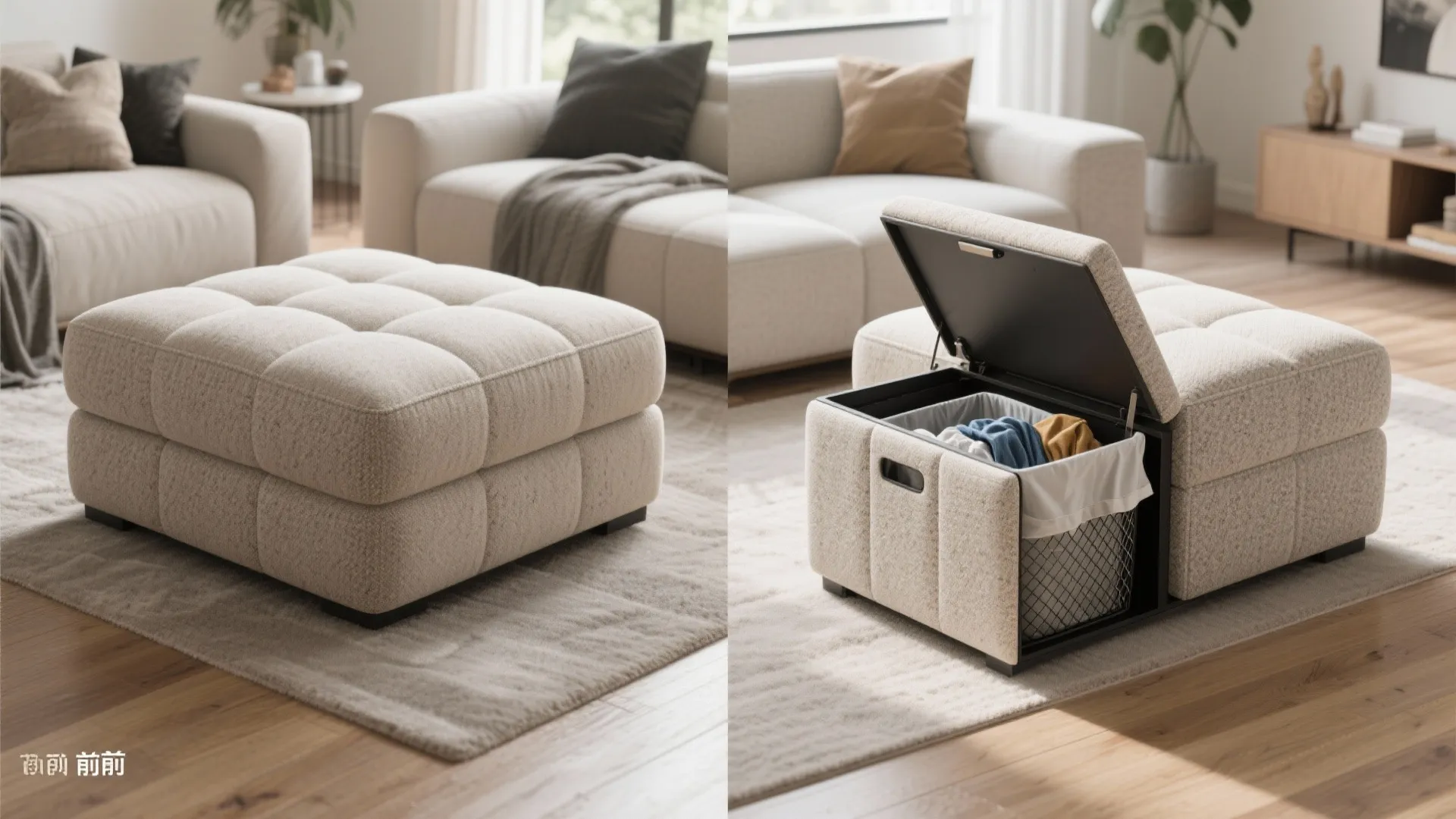 Two images showing a cream footrest closed and open with a laundry basket for storage