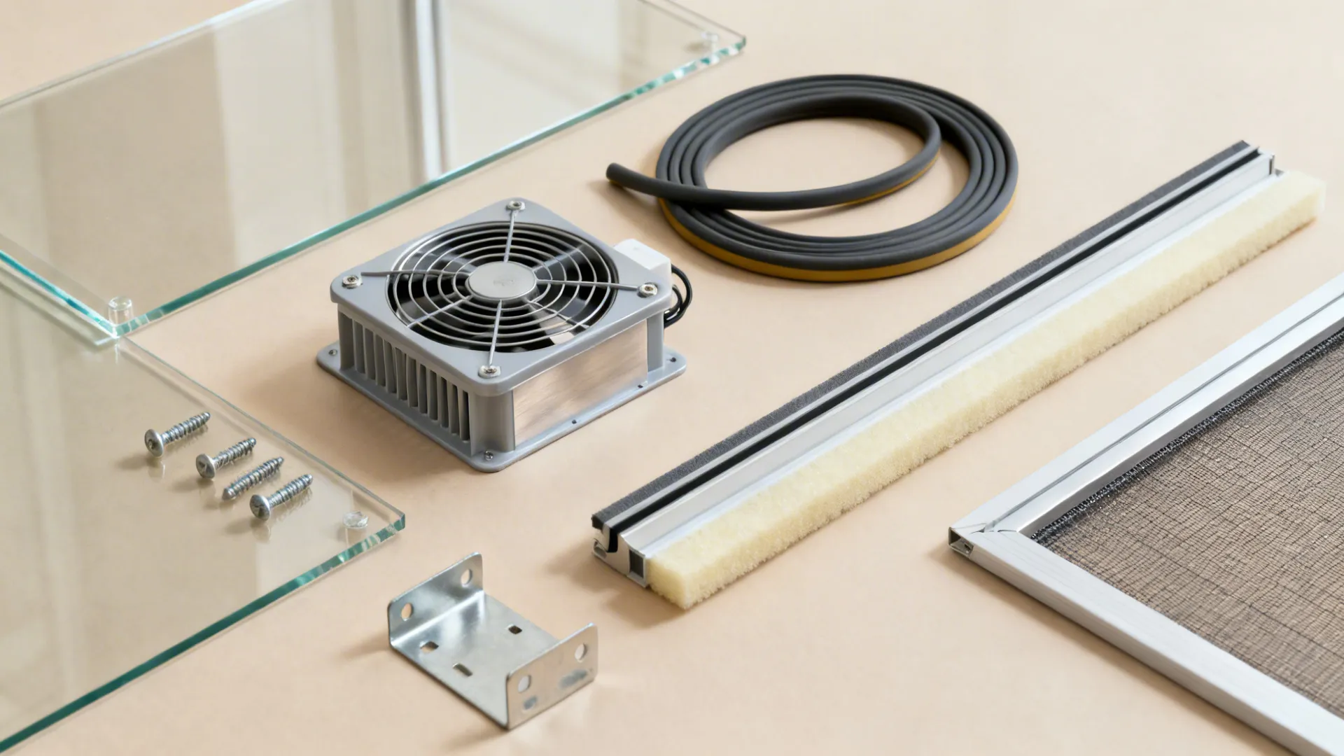 Flat lay of acrylic panel, slim fan module, baffle filter, and weatherstrips for a window insert.