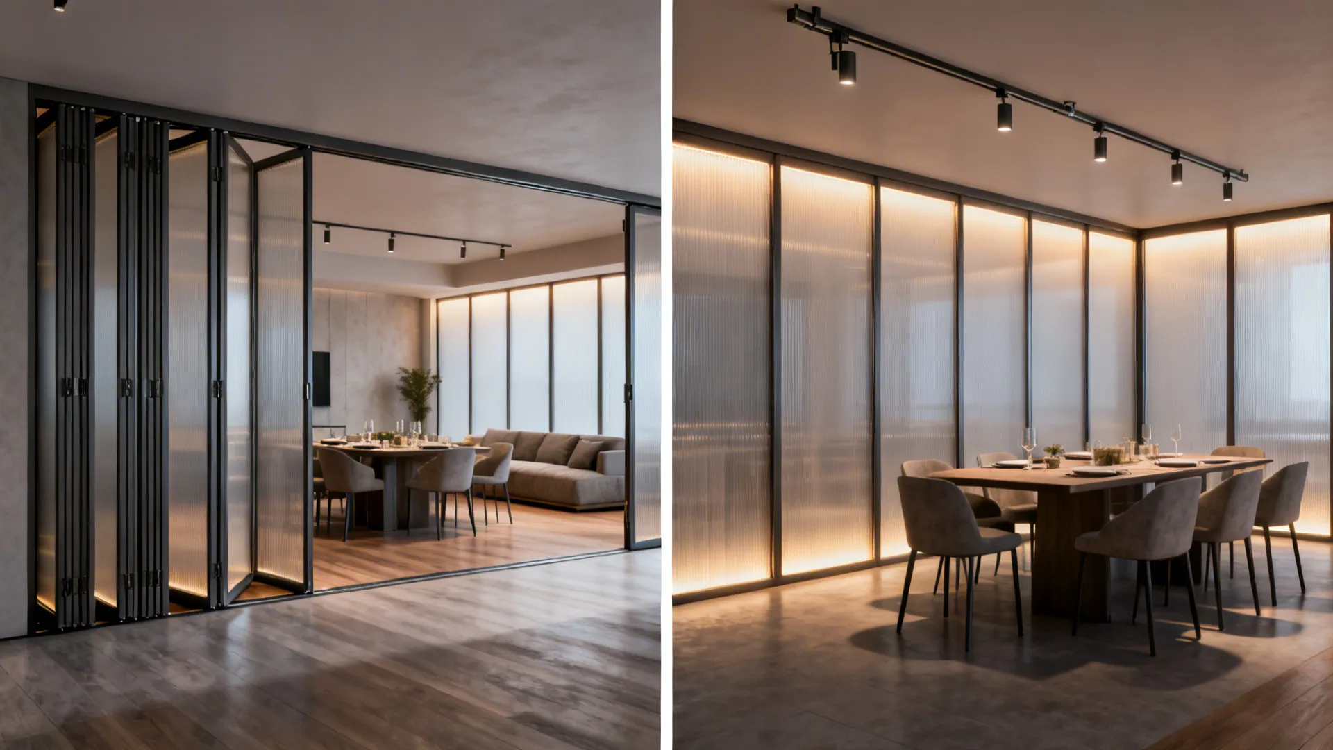 Before-and-after view of convertible panels open and closed between living and dining.