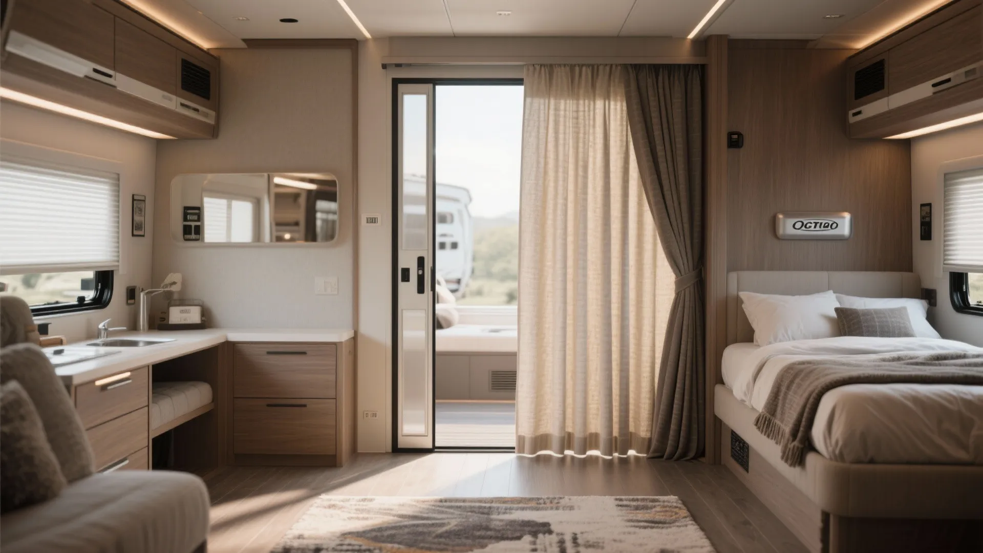 Sliding door and folding screen creating privacy in a fifth wheel, with rugs to dampen sound.