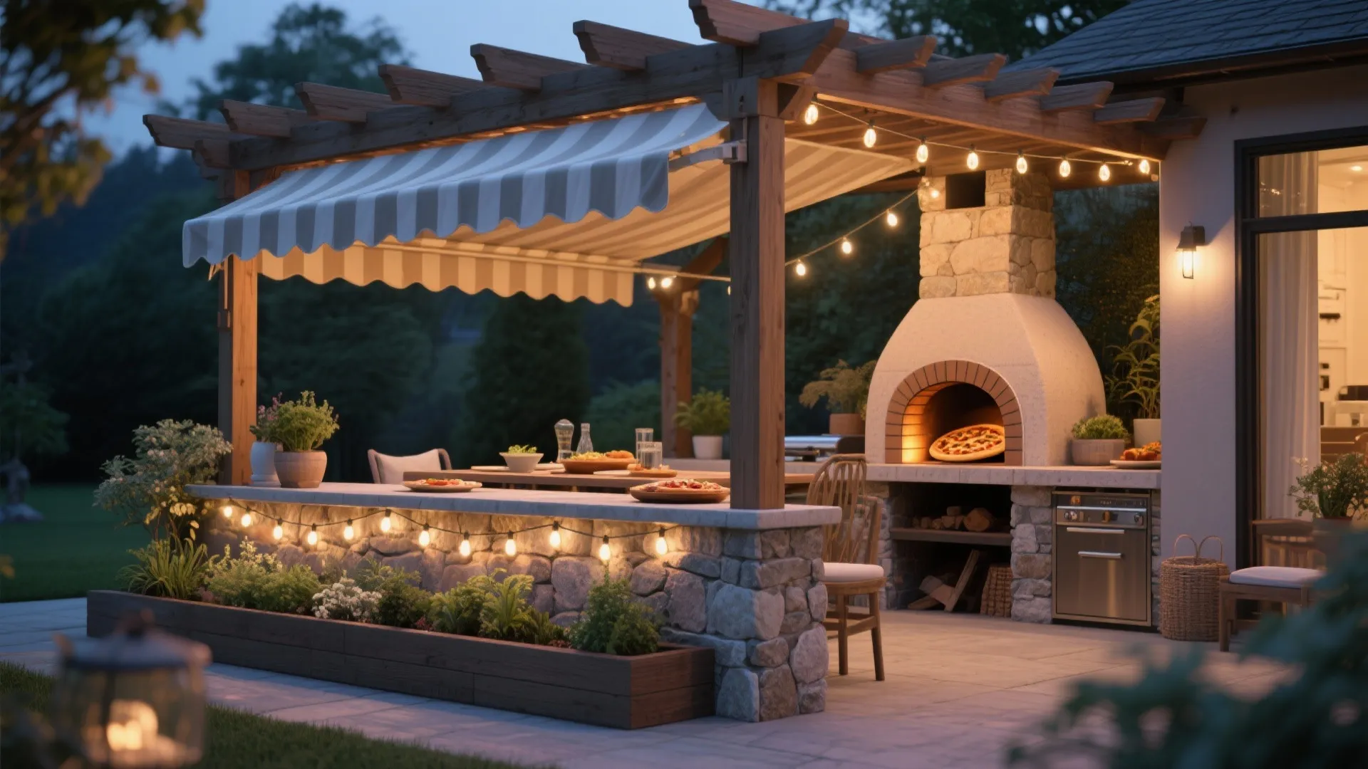 5. Convertible pergola with retractable awning and pizza oven nook