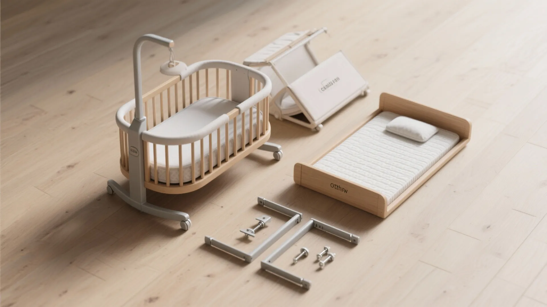 Convertible baby furniture set with wooden crib, small bed, and assembly parts on wood floor