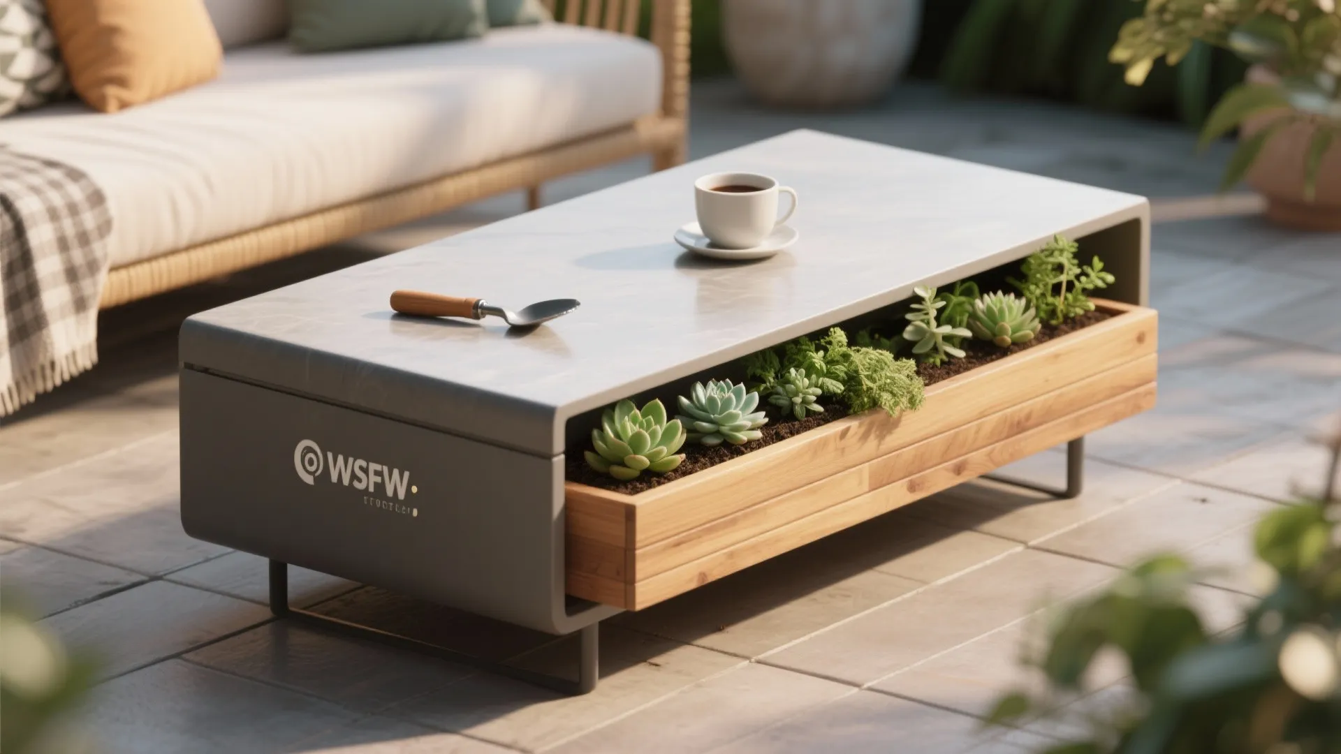 Convertible patio coffee table with a built-in planter box holding succulents, shown with coffee and outdoor textiles on a small balcony.