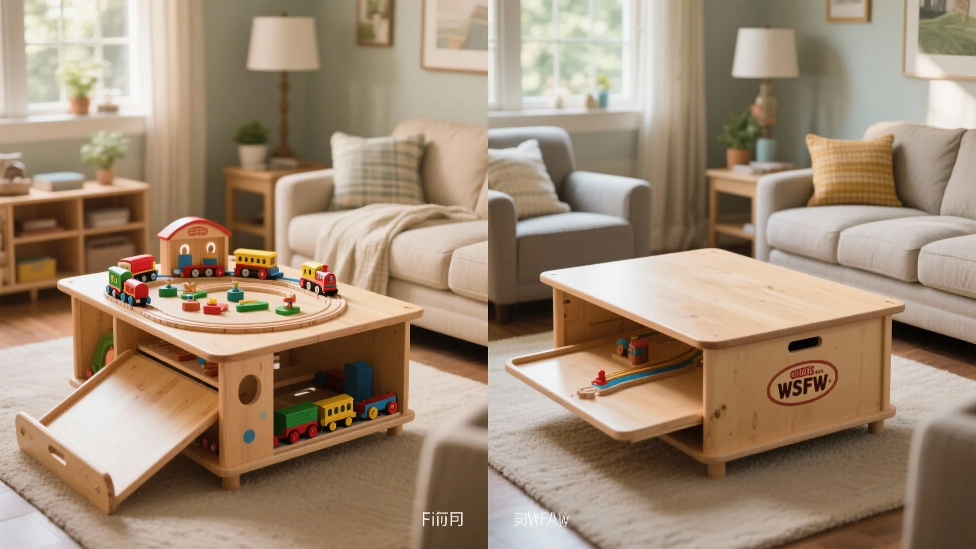 Convertible table switching between play area and coffee table