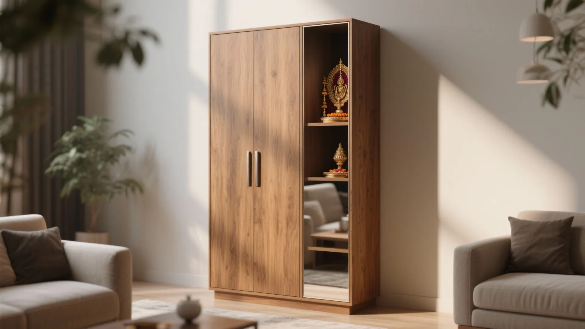 Modern wooden cabinet with open shelves for prayer items standing in a bright living room