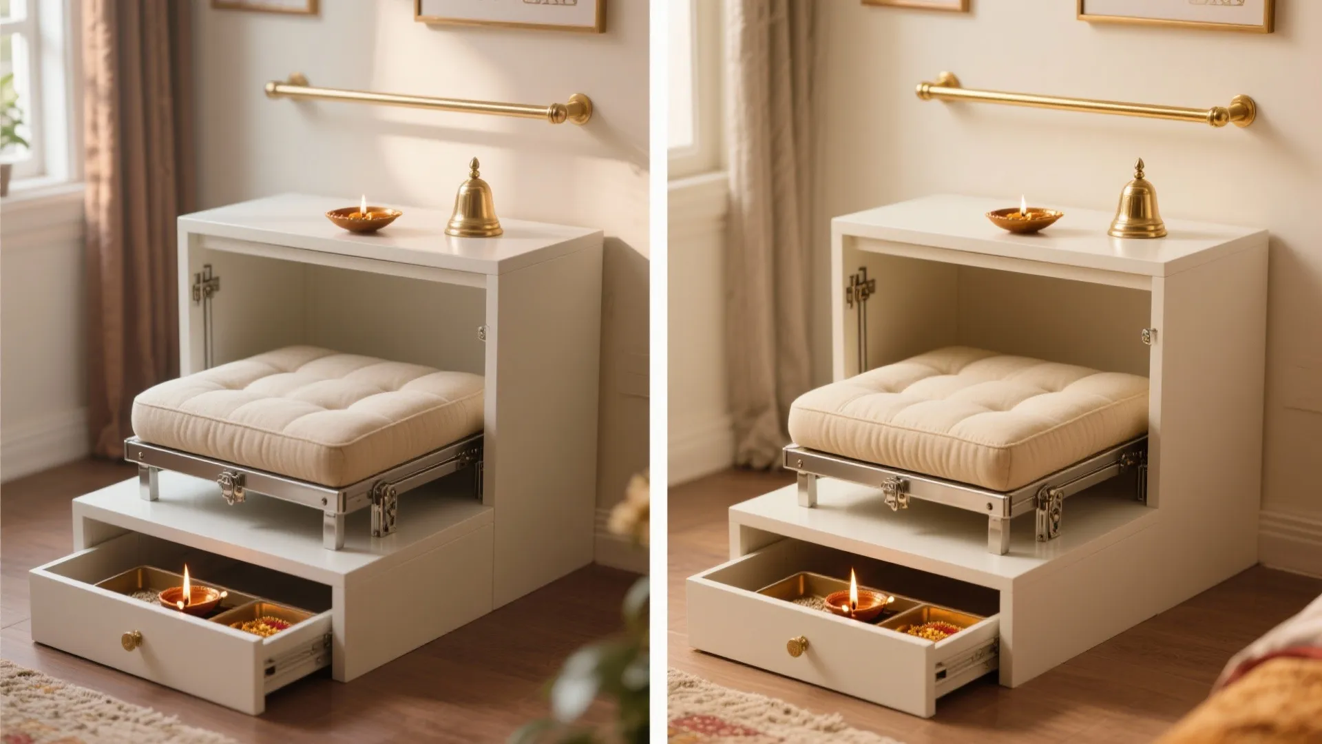 Convertible pooja platform shown closed and open with fold-out cushion and bell rail.