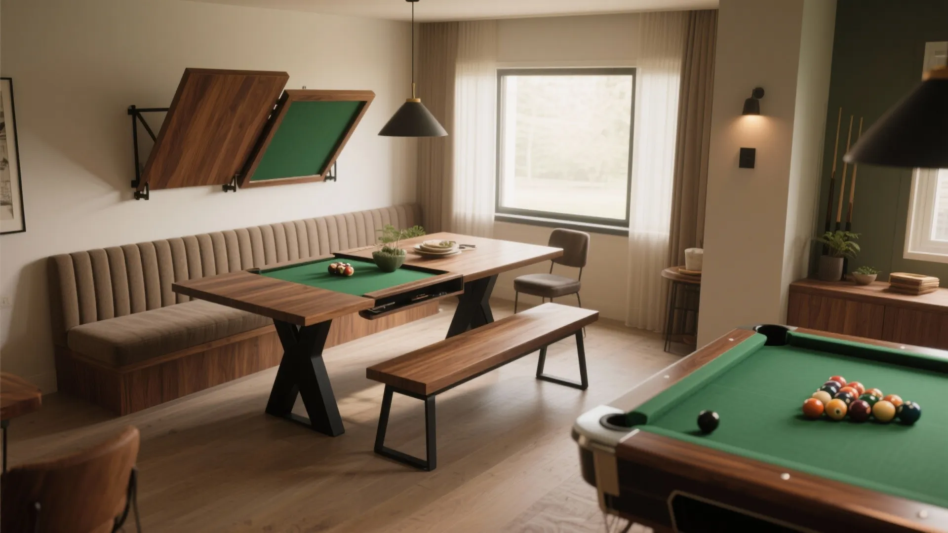 Multi functional dining room with convertible pool table wooden bench wall light and large window