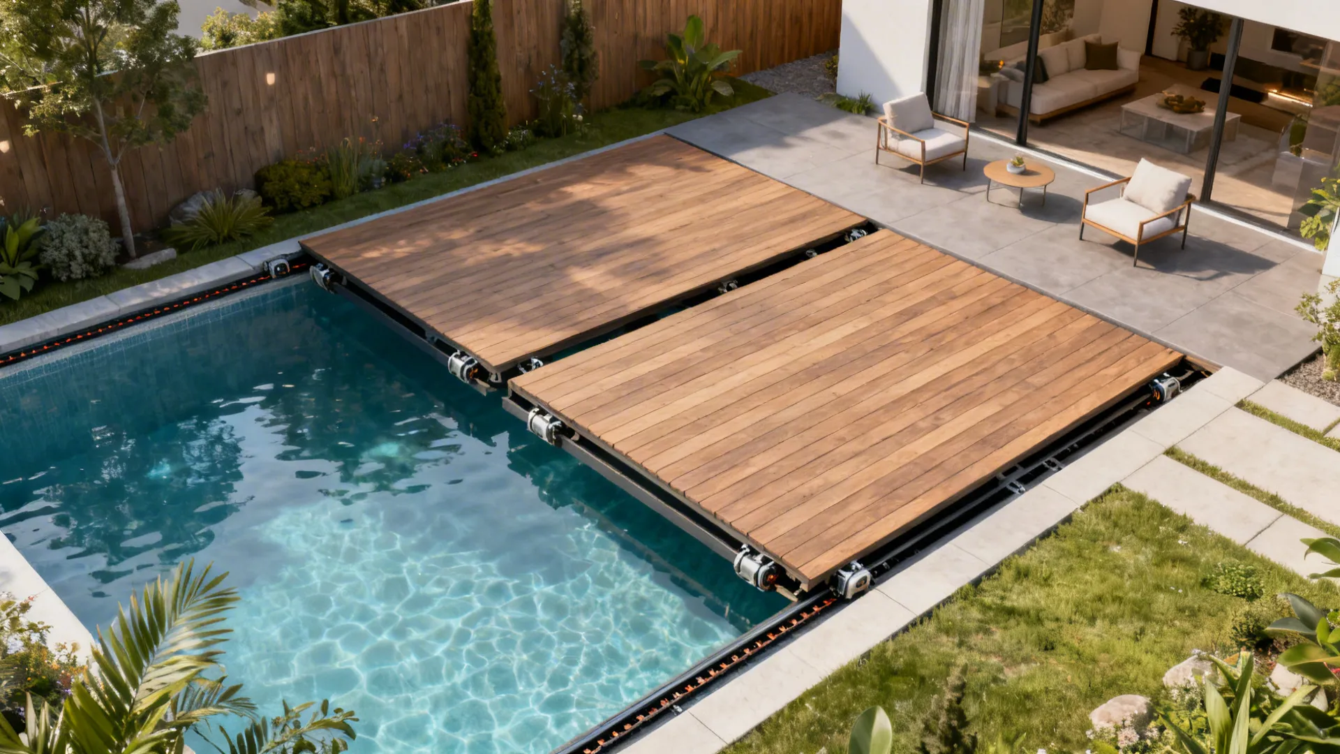 Top-down view of a convertible deck partially covering a small pool with integrated tracks.