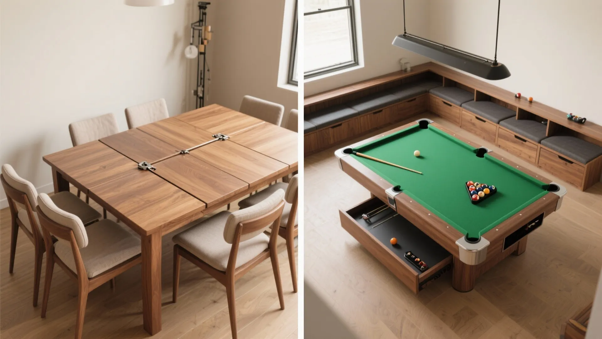 Interior design drawing showing a wooden dining table that converts into a green billiard table