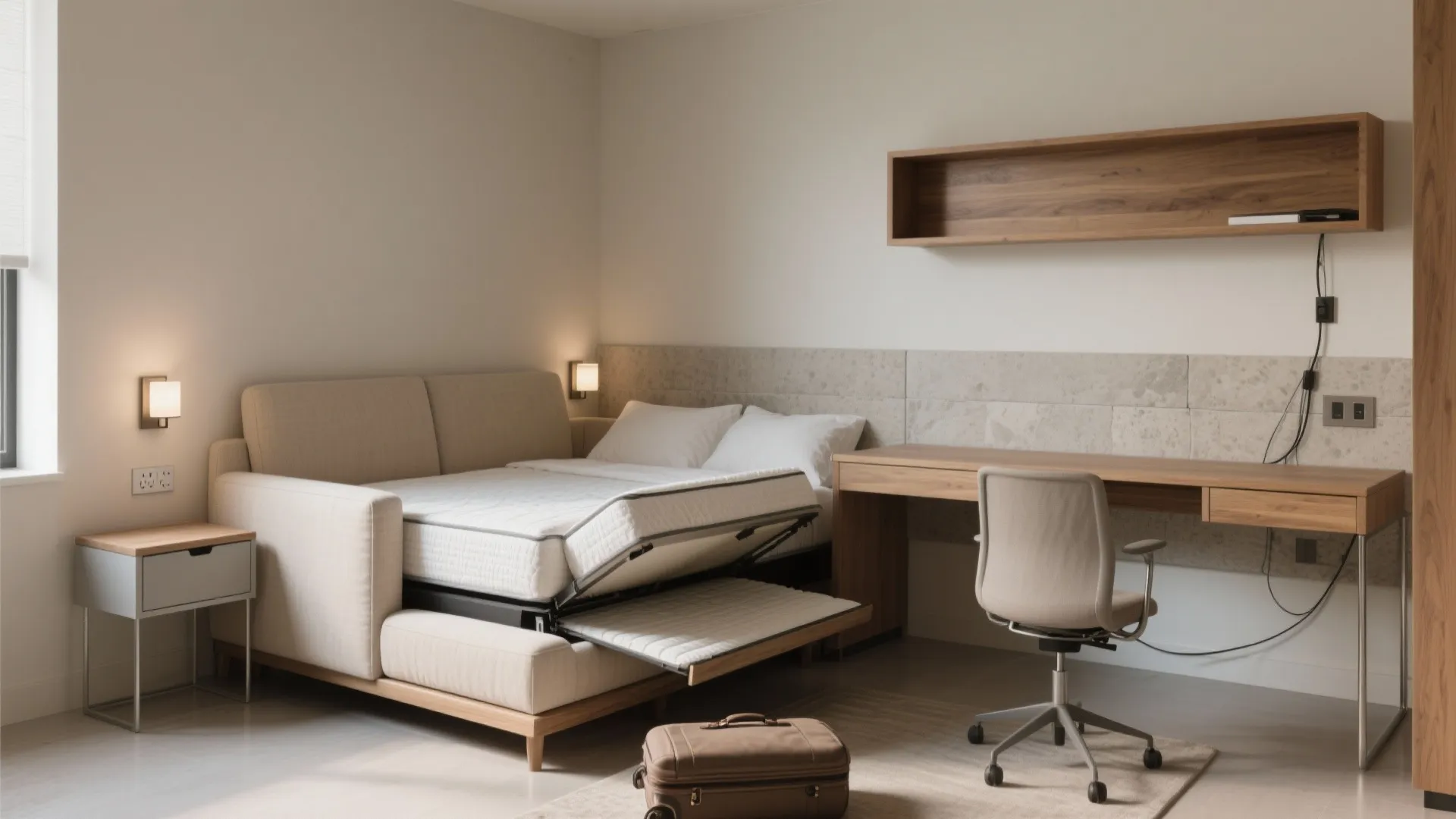 Convertible Comfort: Sofa Bed + Foldaway Desk