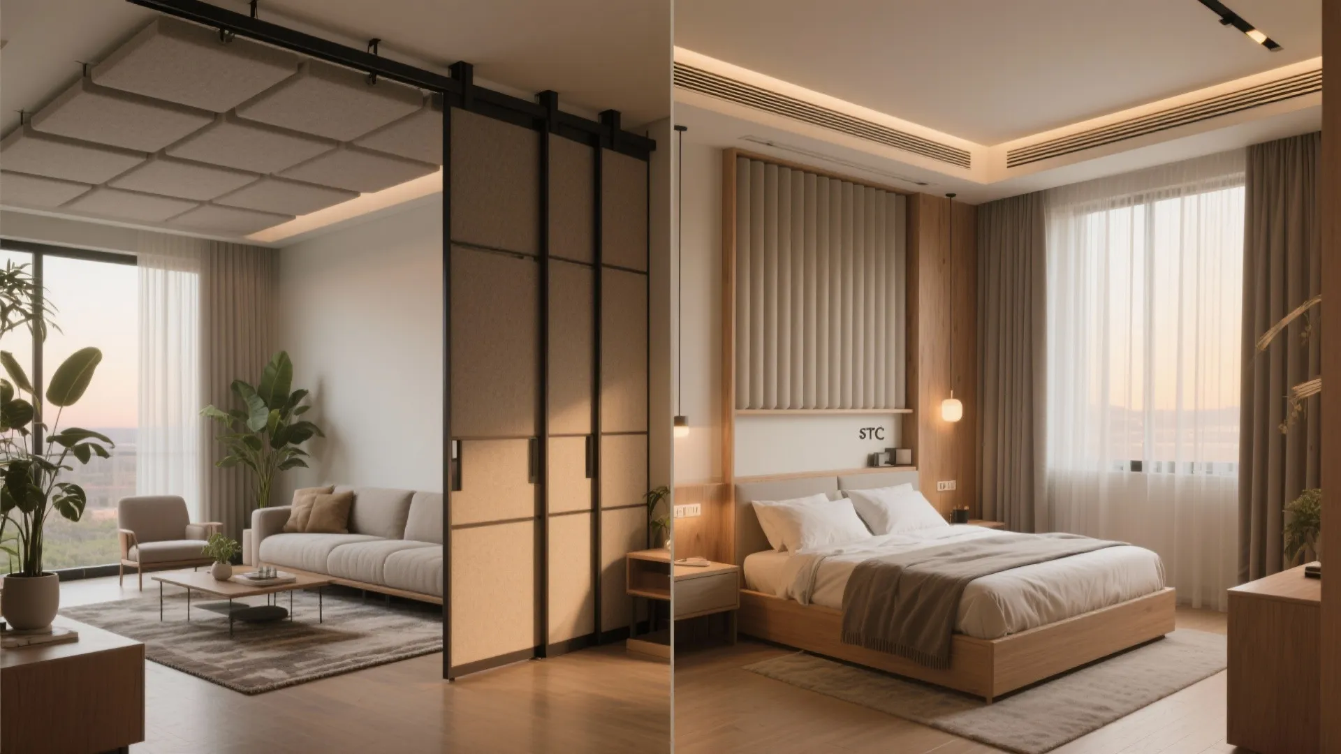 Convertible guest room with acoustic sliding partitions