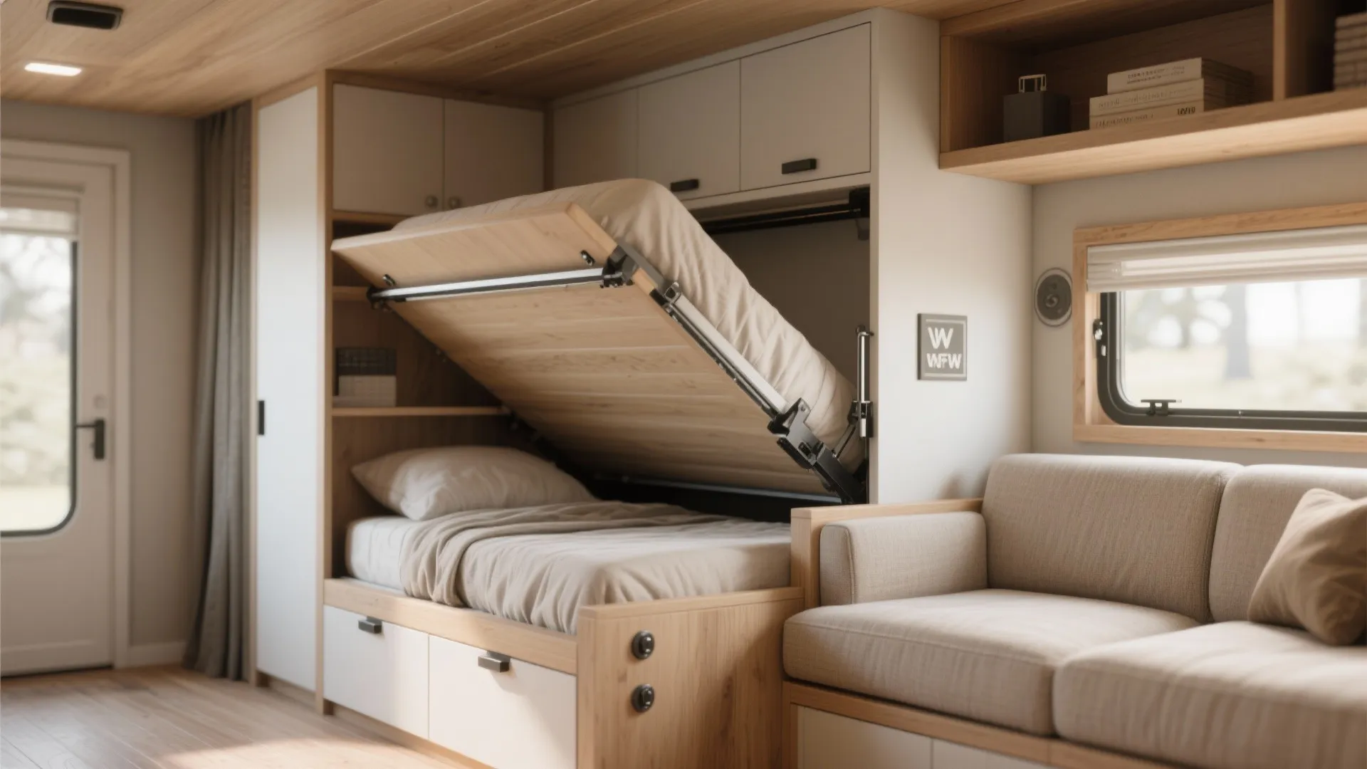 Close-up of a Murphy bed and modular sofa system in a tiny home's convertible room.